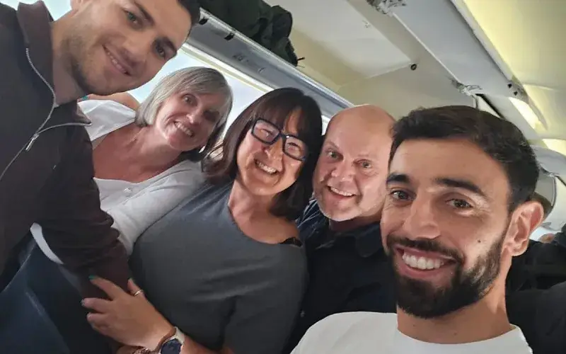 Bruno Fernandes with those on board the EasyJet flight to Lisbon. Image credit: Business Cloud