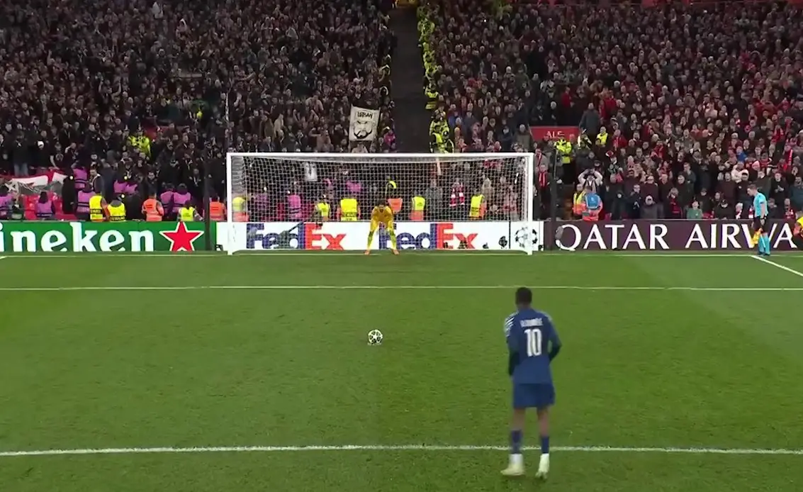 Dembele lined up to take the penalty with his left foot at first. Image: Amazon Prime