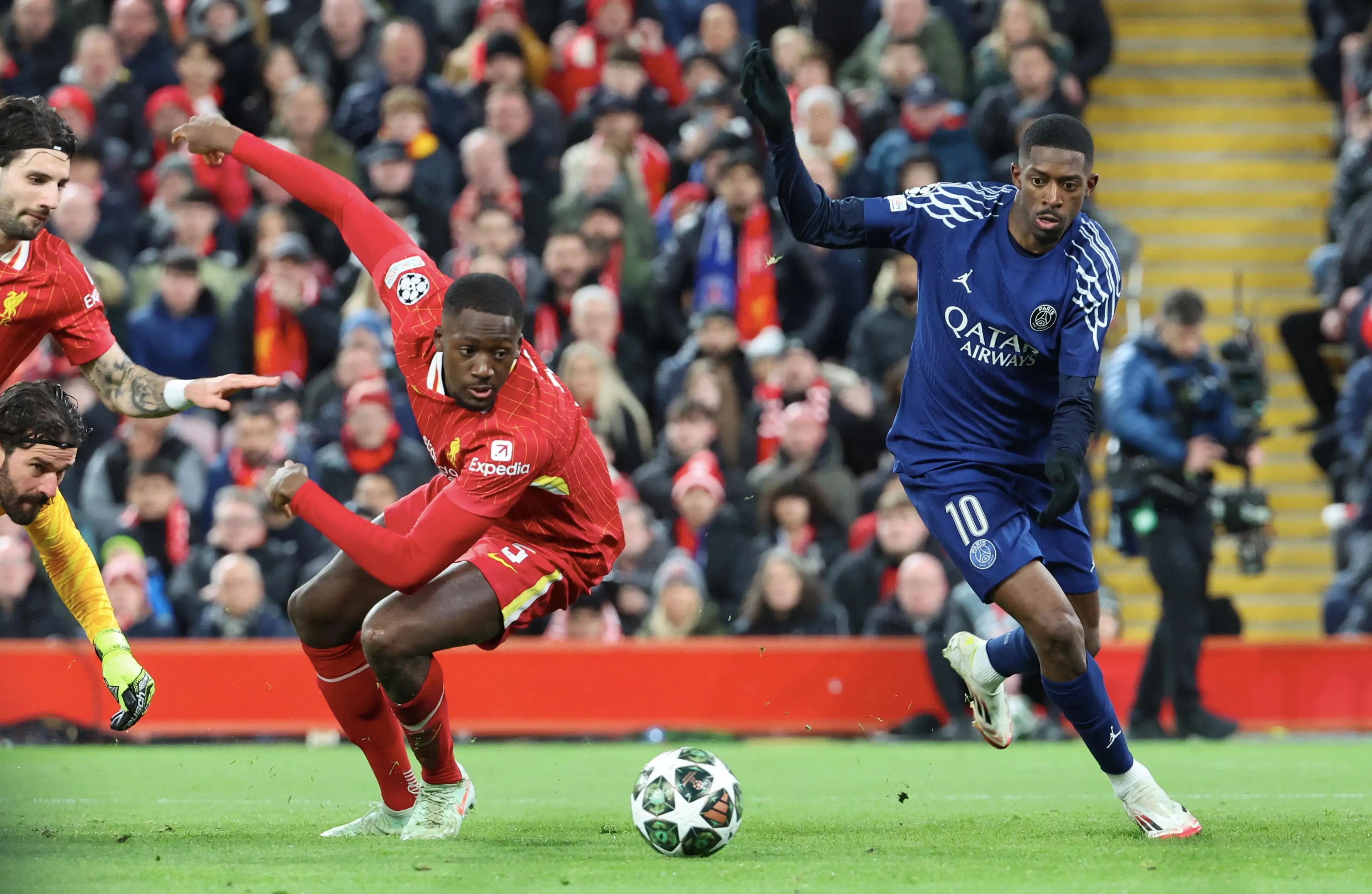 Ibrahima Konate and Ousmane Dembele during Liverpool vs. Paris Saint-Germain. Image: Getty 
