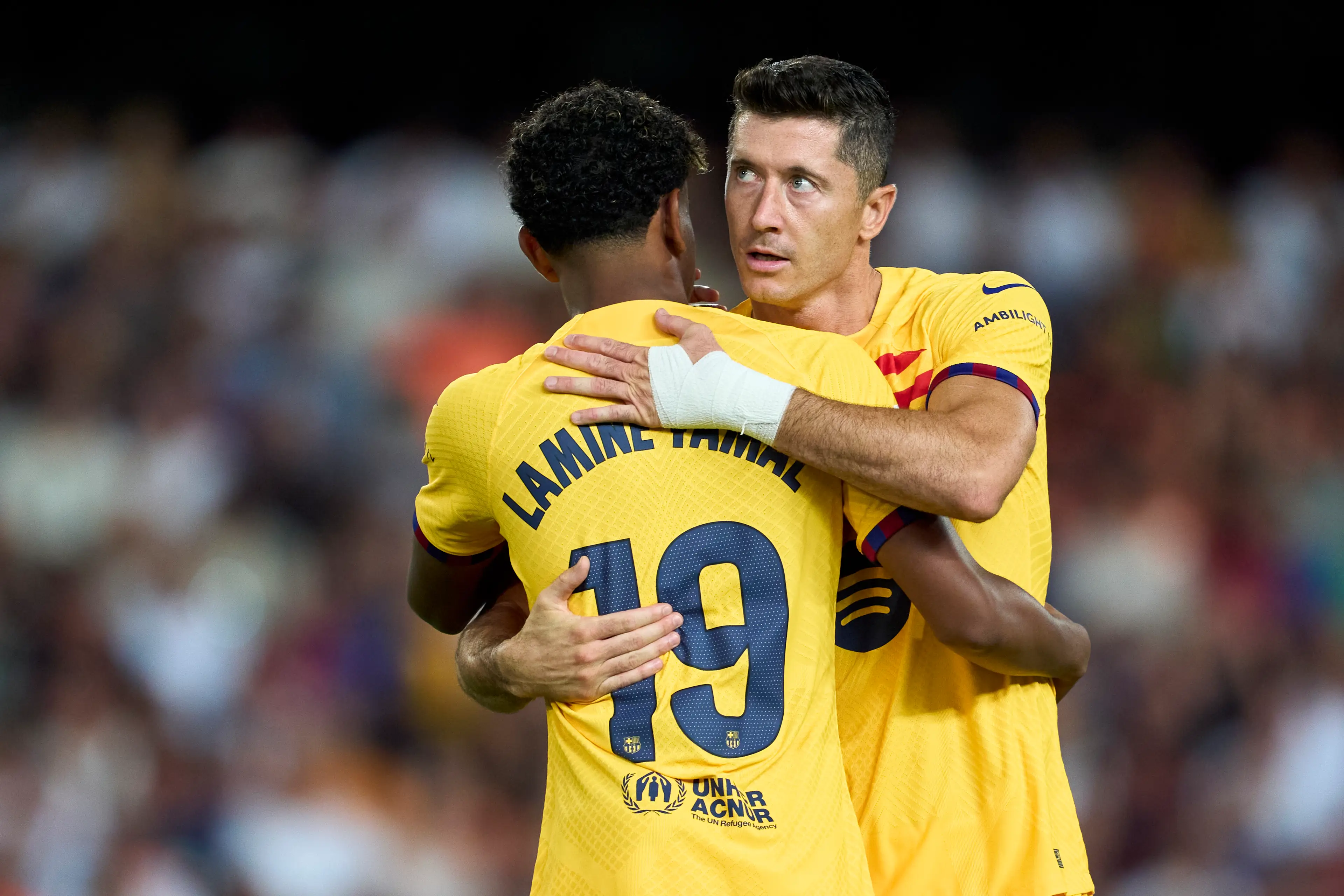 Barcelona pair Robert Lewandowski and Lamine Yamal. (