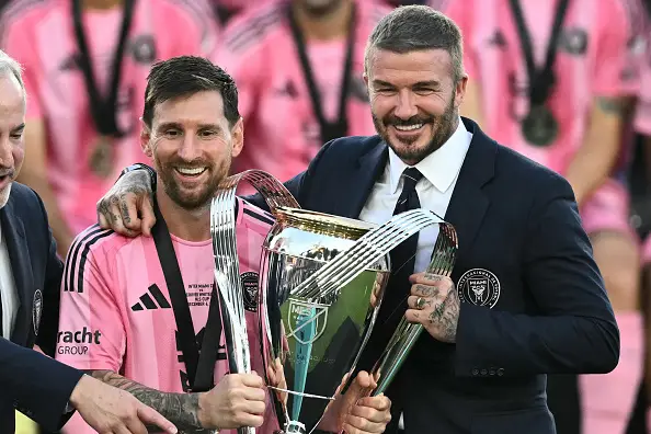 David Beckham pictured with Lionel Messi after Inter Miami won the MLS Cup (Image: Getty)