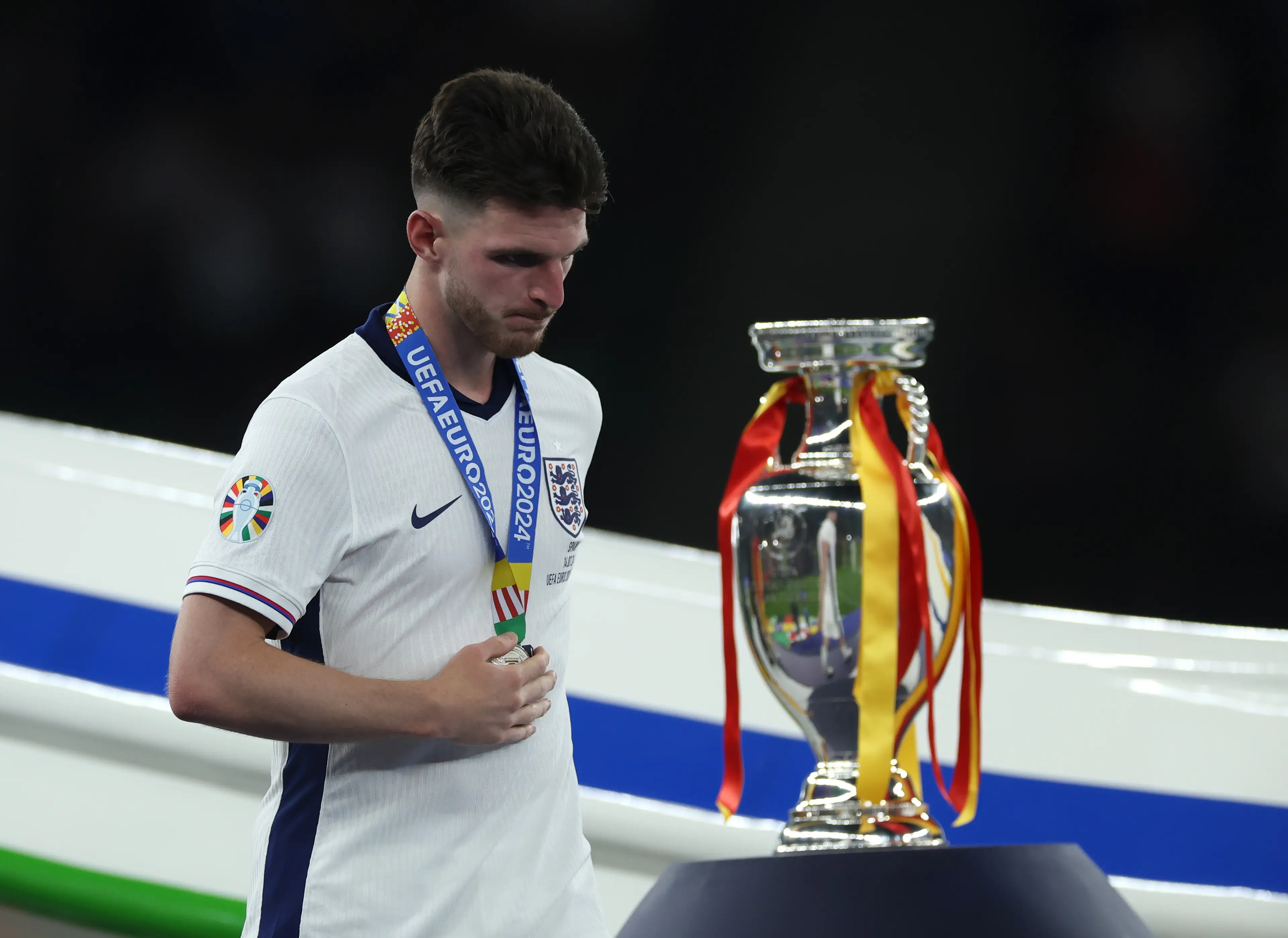 Declan Rice cuts a frustrated figure following England's defeat to Spain in the final of Euro 2024. Image: Getty 