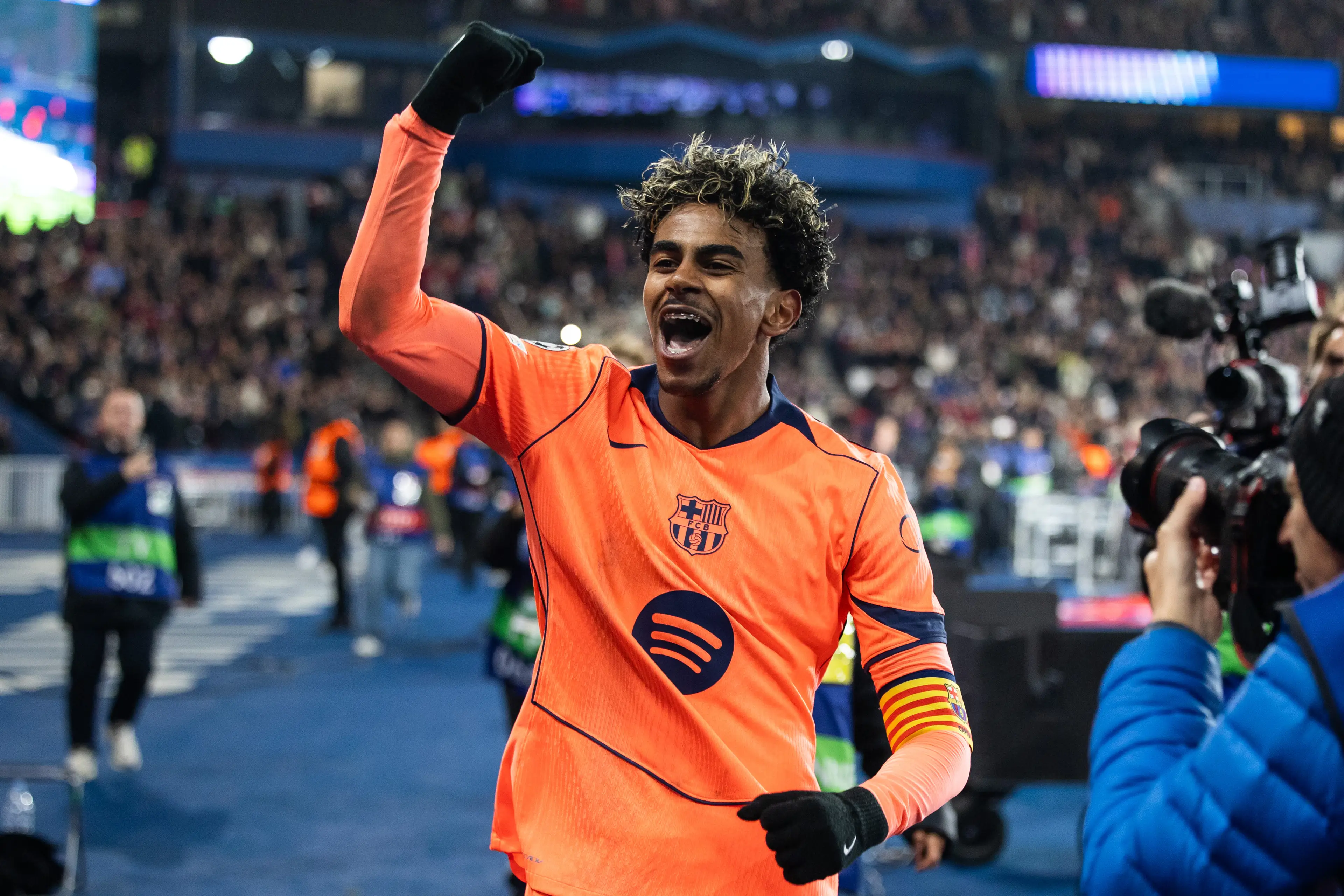 Yamal celebrates after scoring against Paris Saint-Germain in the Champions League. Image credit: Getty