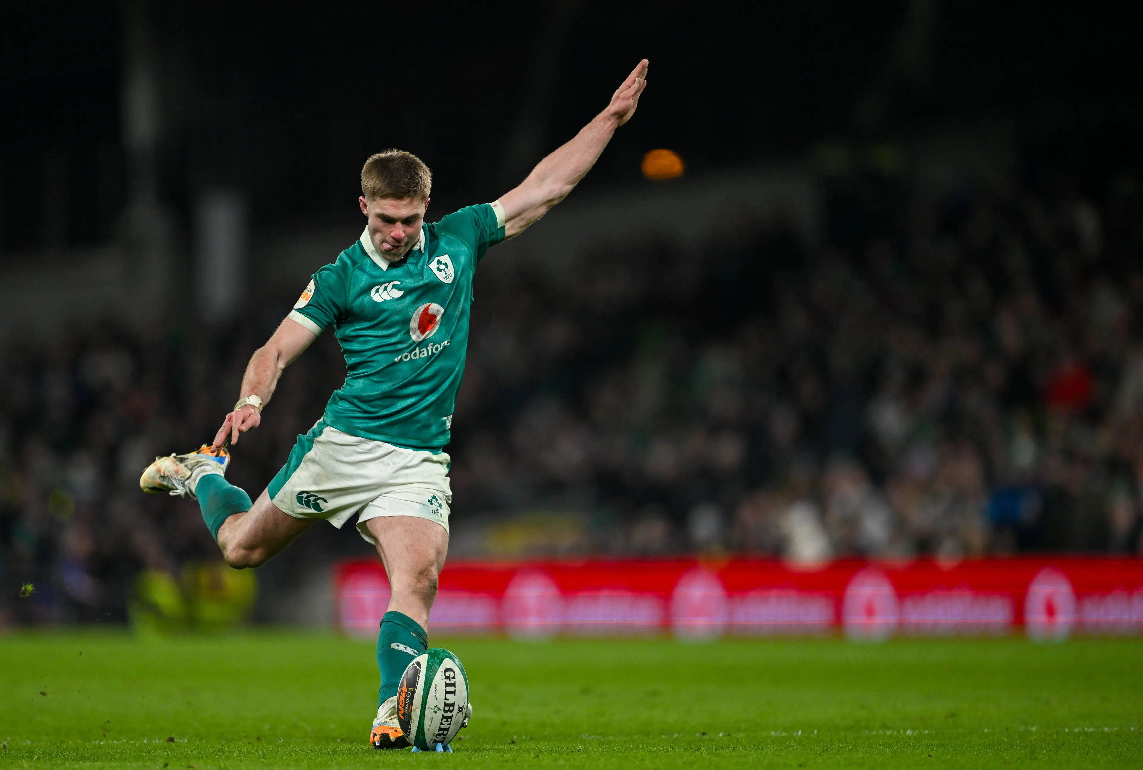 Jack Crowley of Ireland kicks a conversion during the Guinness 6 Nations Rugby Championship match between Ireland and Wales (Getty Images)