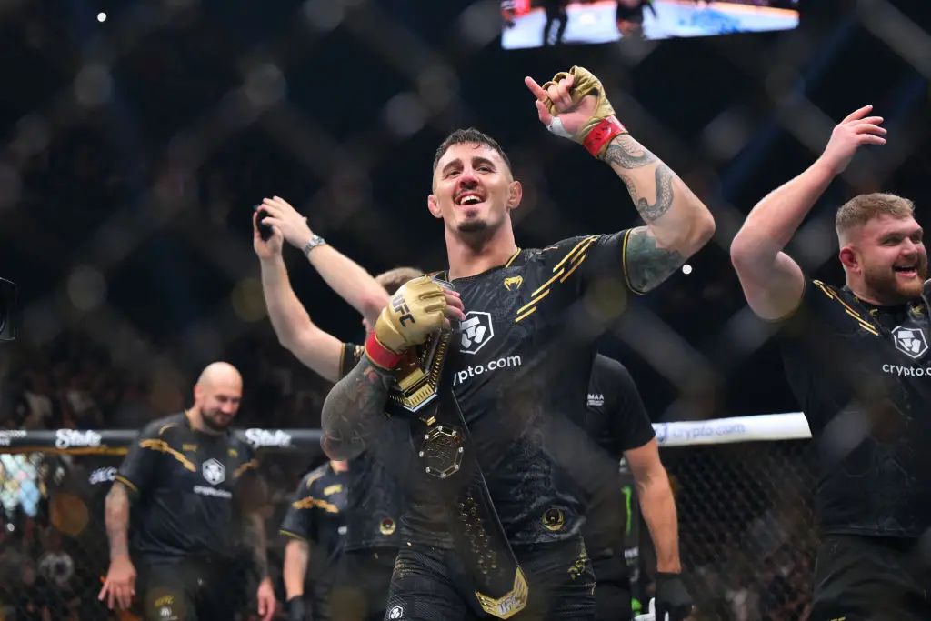 Tom Aspinall won the UFC interim heavyweight title in November 2023, beating Sergei Pavlovich. (Image: Getty)