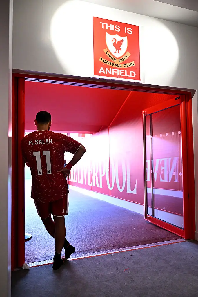 Salah ahead of his final Liverpool game against Brentford. Image credit: Getty