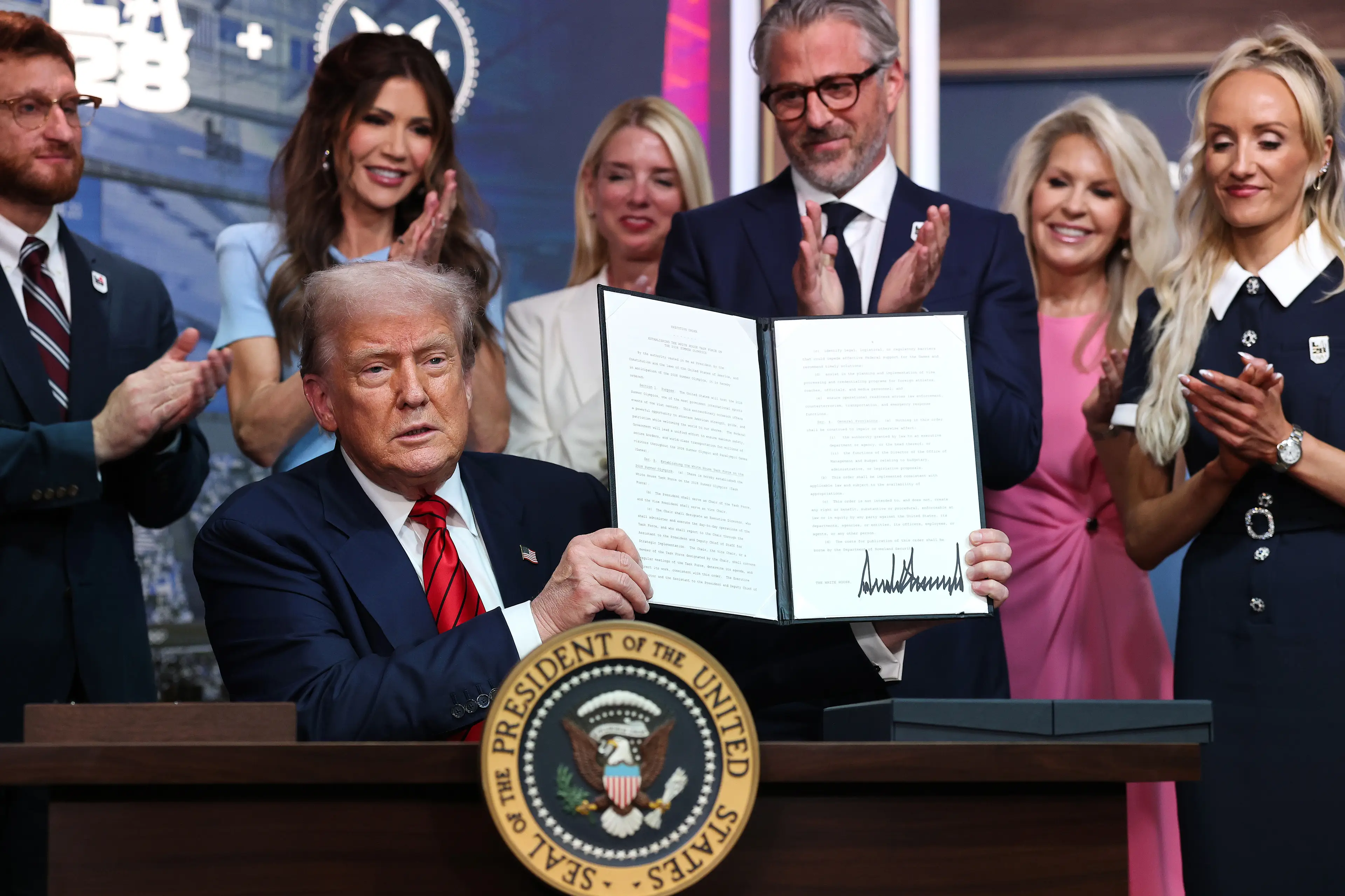 Donald Trump signs executive order to establish a task force ahead of the 2028 Olympic Games. Image credit: Getty