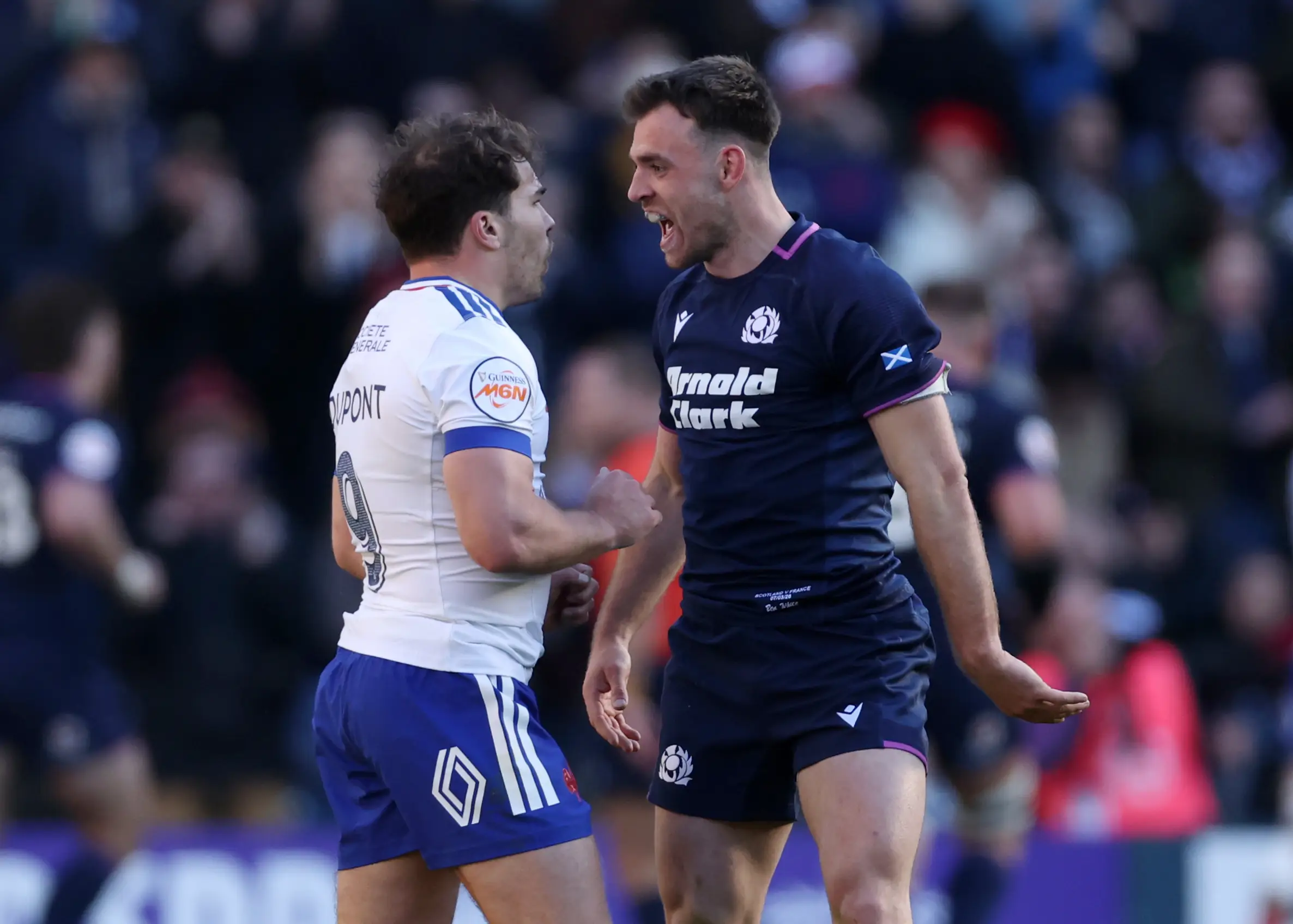 Ben White of Scotland clashes with Antoine Dupont of France during the Guinness Six Nations 2026 match between Scotland and France (Getty Images)