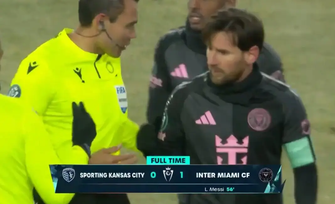 Marco Antonio Ortiz Nava and Lionel Messi after the full-time whistle. Image credit: X/@4footballtv