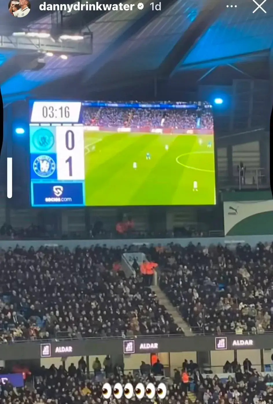 Danny Drinkwater posted an image from his seat at the Etihad Stadium. Image: Instagram/@dannydrinkwater