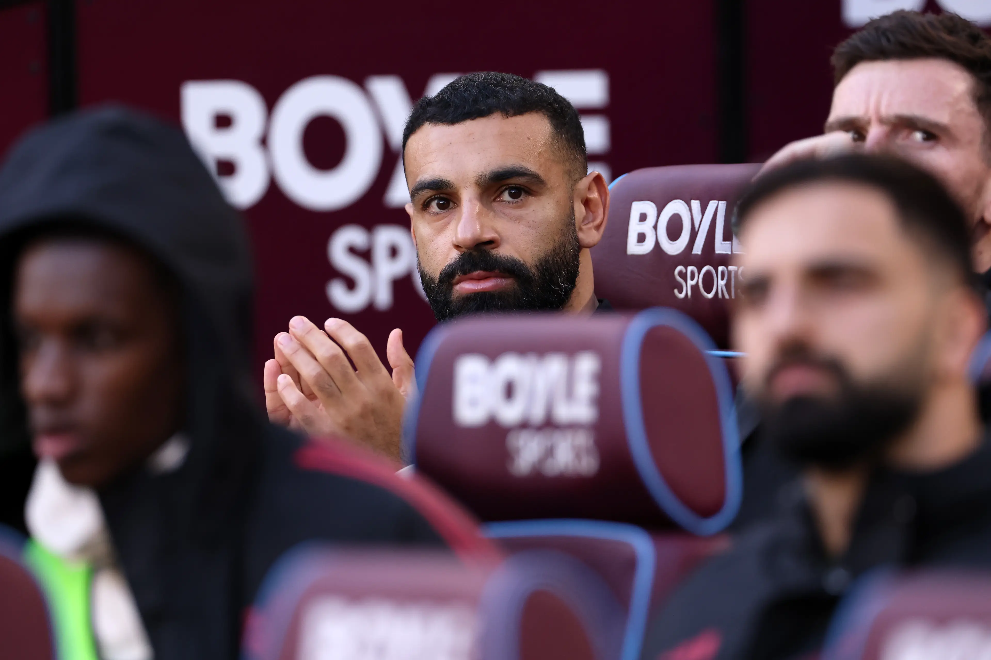 Salah watched West Ham vs Liverpool from the bench. Image: Getty