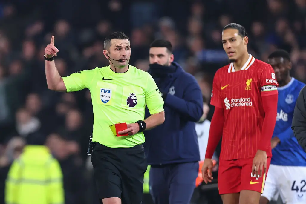 Michael Oliver showed four red cards after full-time following Everton's 2-2 draw against Liverpool (Image: Getty)