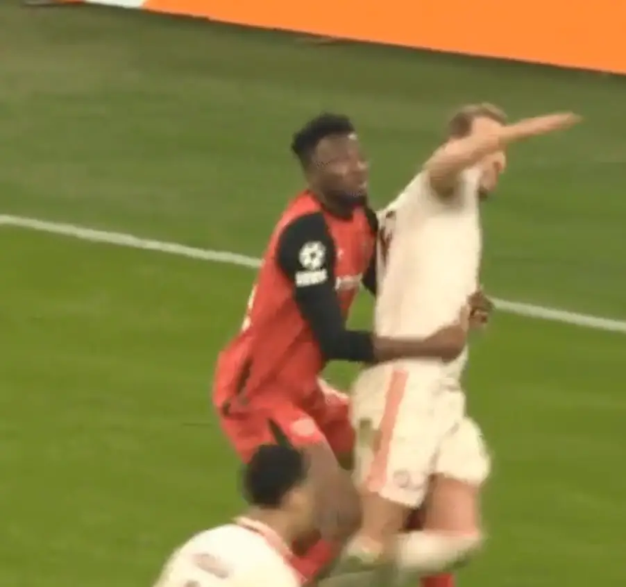 Bayern were awarded a penalty after Tapsoba brought down Kane. Image credit: X/@RedCardGiven