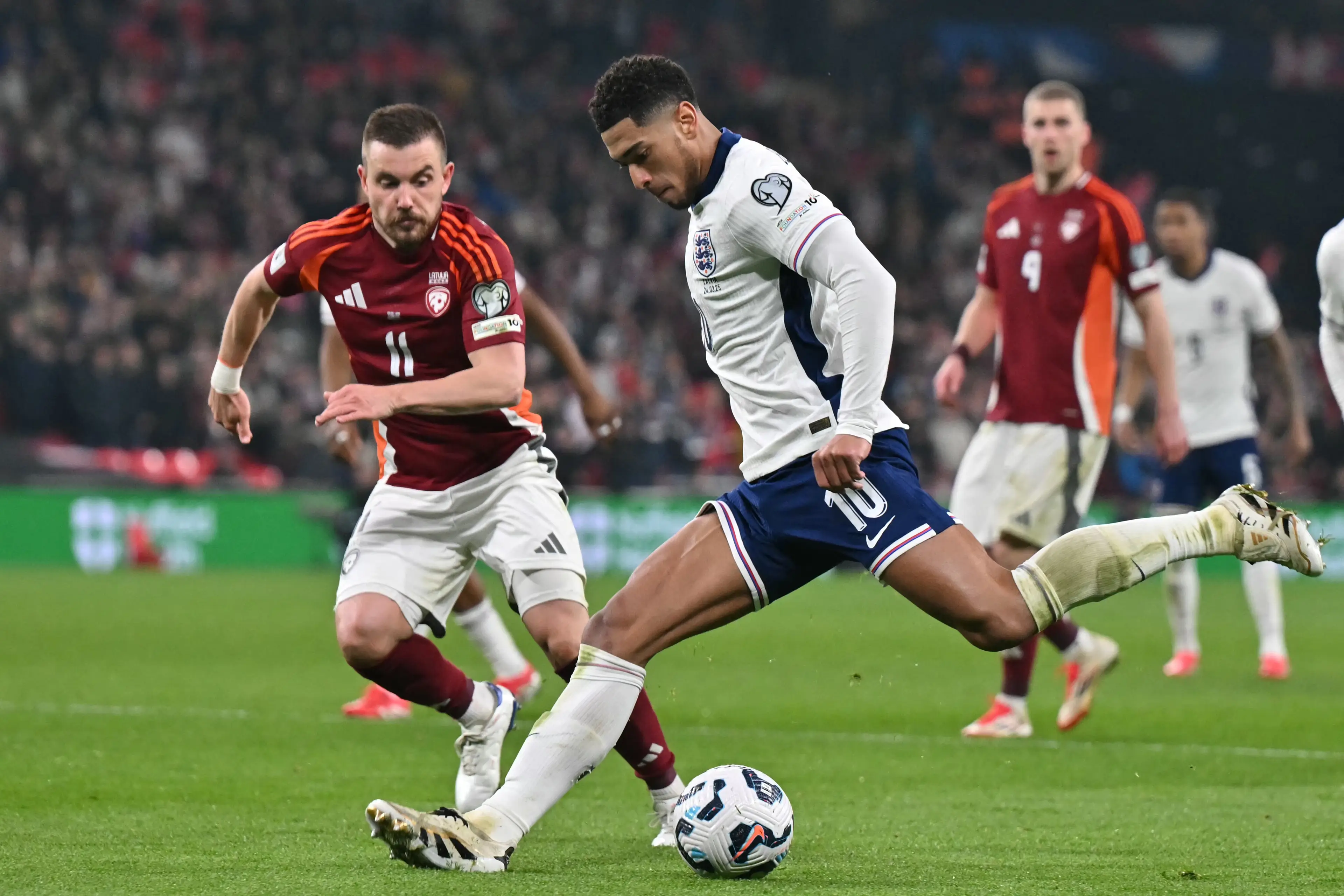 Jude Bellingham in action for England vs Latvia- Getty