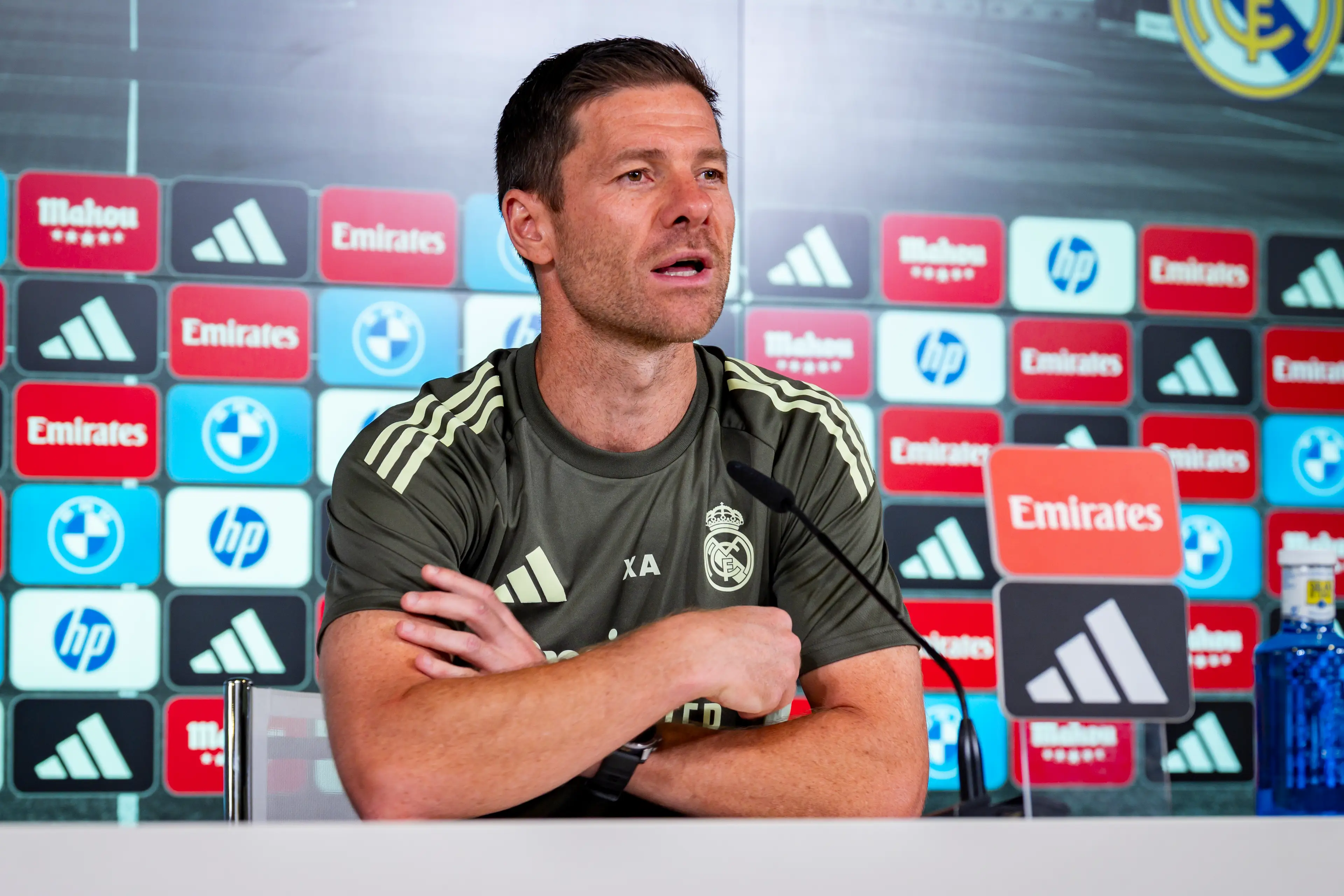 Xabi Alonso fields questions during a pre-match press conference. Image: Getty 