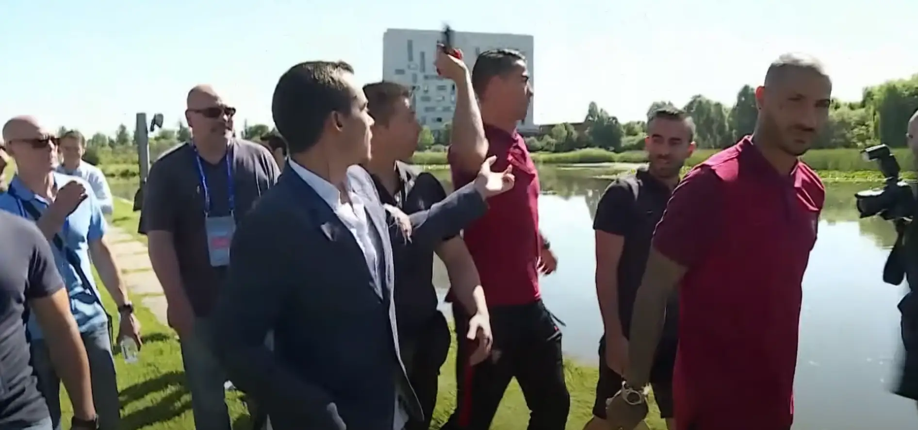 Cristiano Ronaldo threw the journalist's mic in the lake. Image: Getty