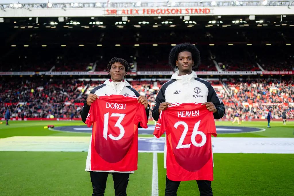 Patrick Dorgu and Ayden Heaven were unveiled at Old Trafford on Sunday (Image: Getty)
