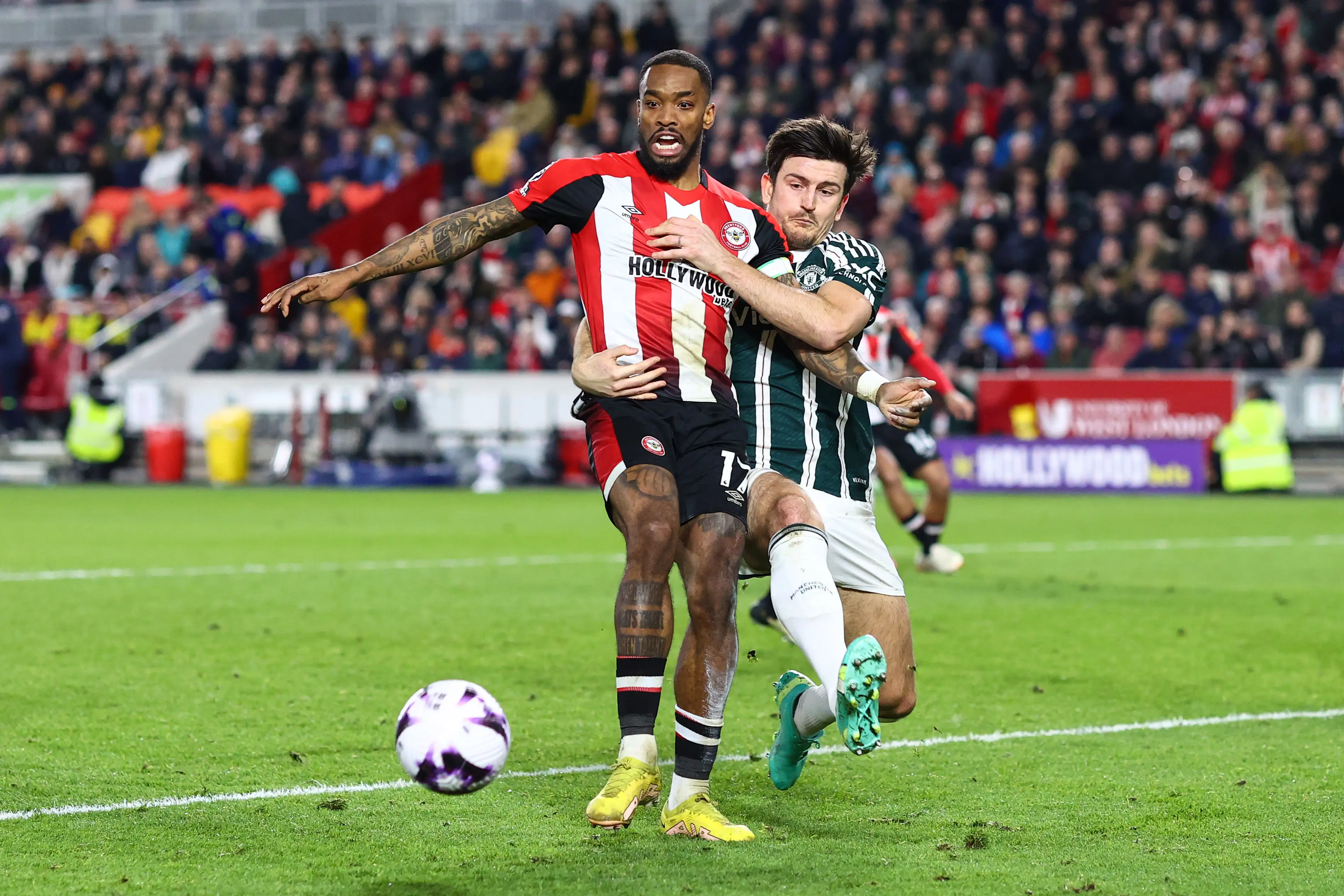Ivan Toney in action for Brentford against Manchester United. Image: Getty 