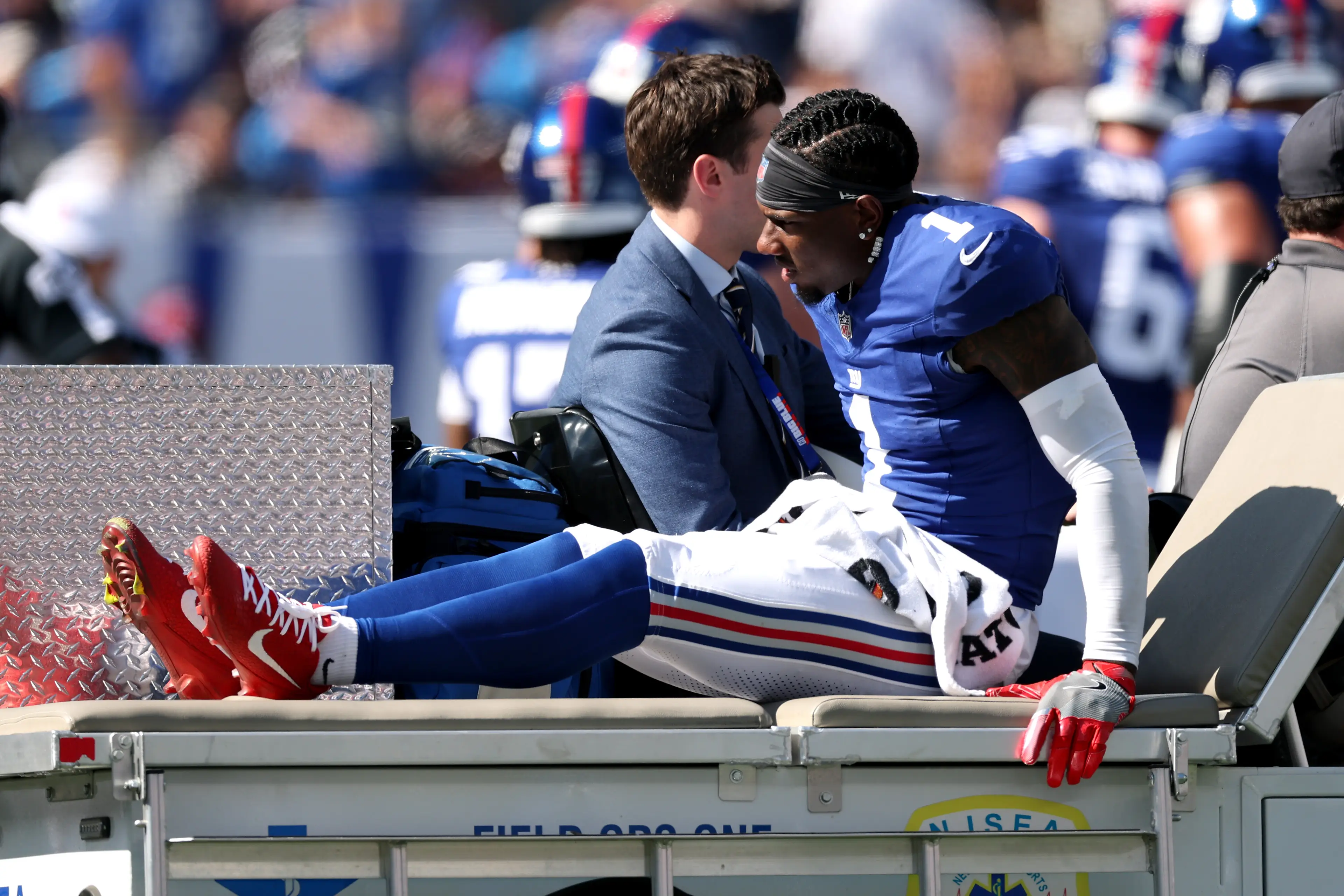 Malick Nabers was forced off with injury. Image: Al Bello / Staff via Getty