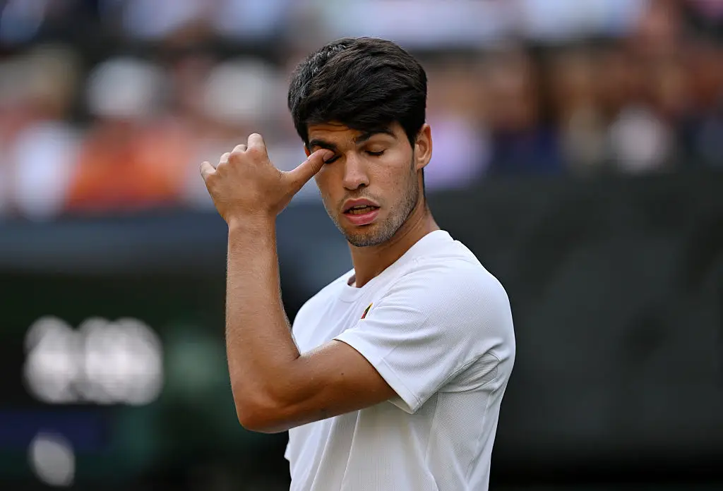 A frustrated Carlos Alcaraz during the 2025 Wimbledon final (credit: getty)