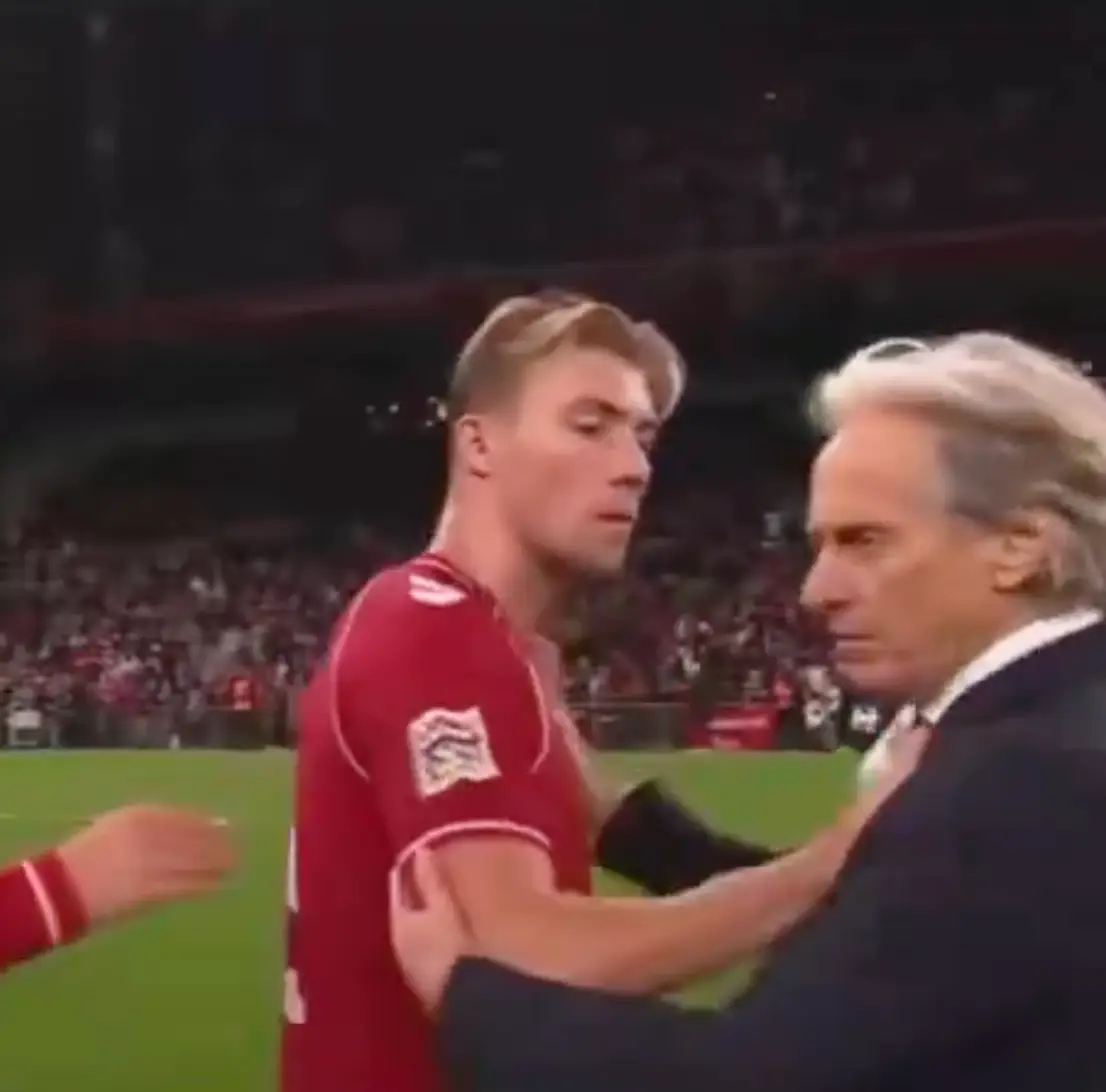 Rasmus Hojlund pats Jesus on the chest. Image credit: Sport TV