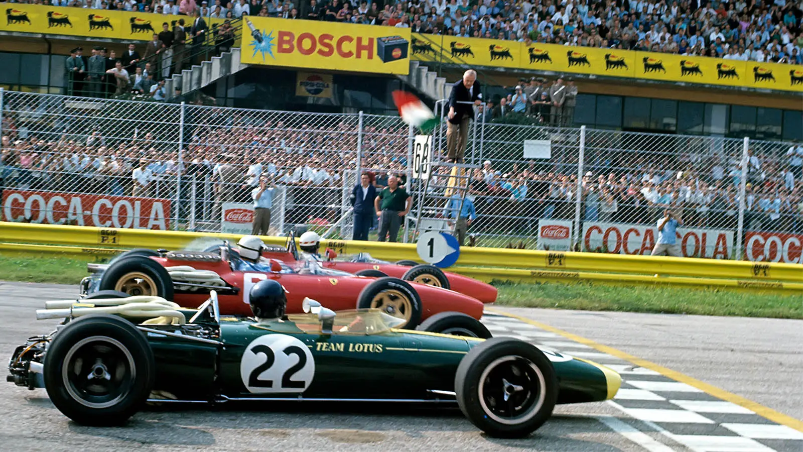 From left - Mike Parkes, Ludovico Scarfiotti and Jim Clark line up on the front row for the 1966 Italian GP (Image: Getty)