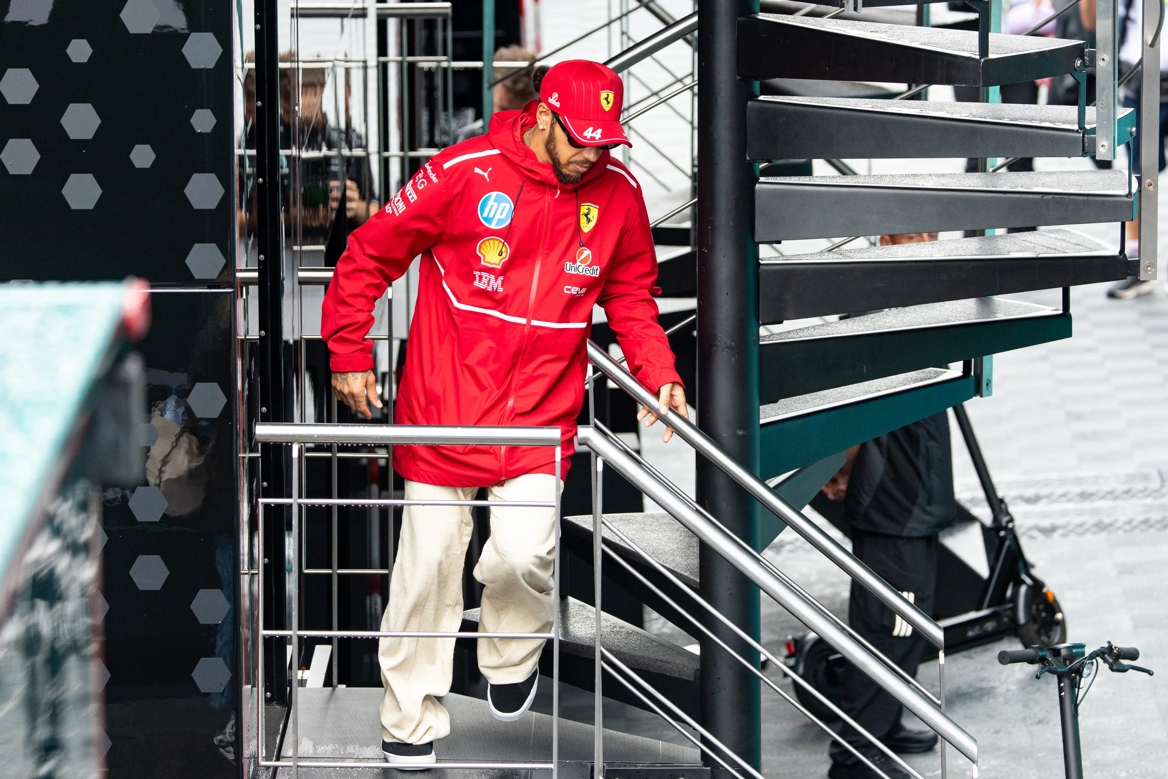 Lewis Hamilton was pictured at the Mercedes motorhome. Image: Getty