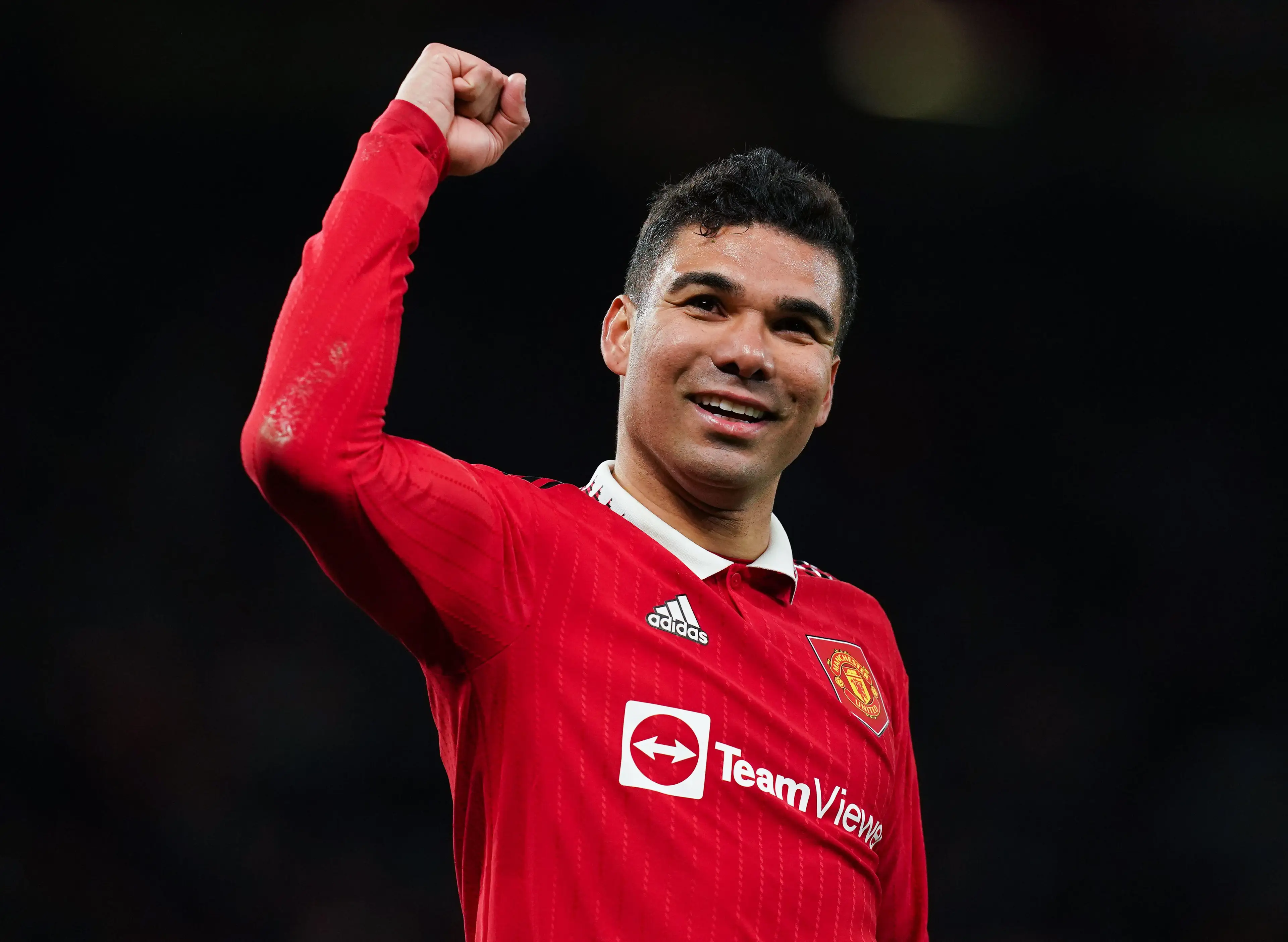 Casemiro celebrates Manchester United's win over Barcelona. Image: Alamy