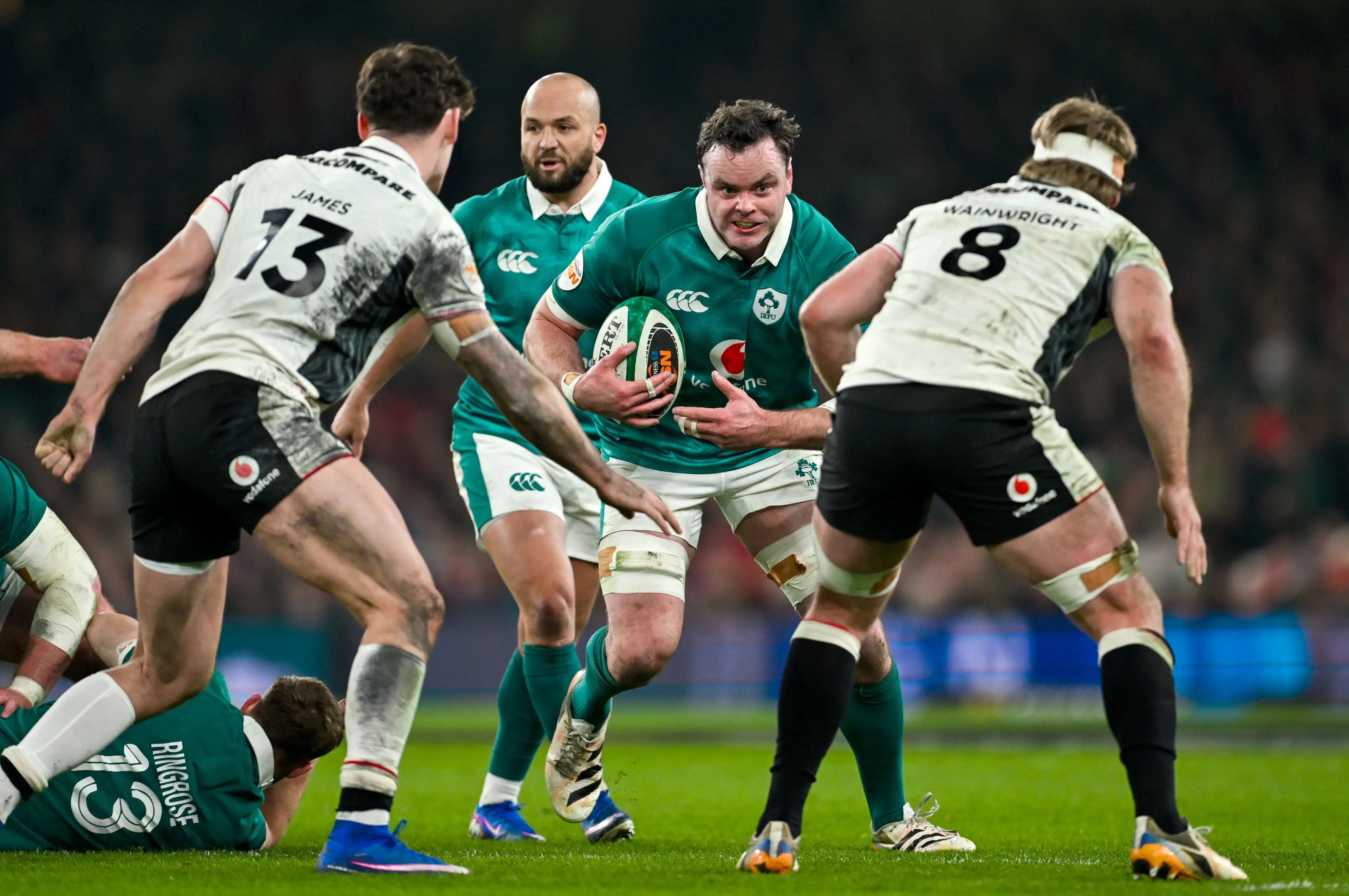 James Ryan of Ireland in action against Wales players Aaron Wainwright, left, and Eddie James during the Guinness 6 Nations Rugby Championship match between Ireland and Wales  (Getty Images)
