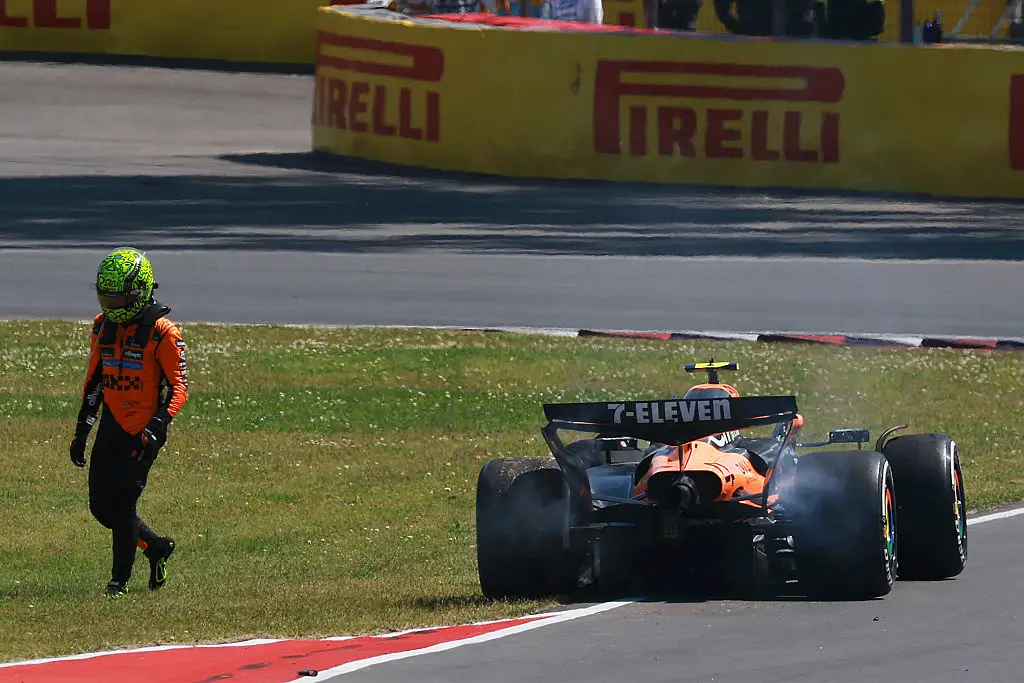 Lando Norris' crash with teammate Oscar Piastri ended his race early. (Image: Getty)