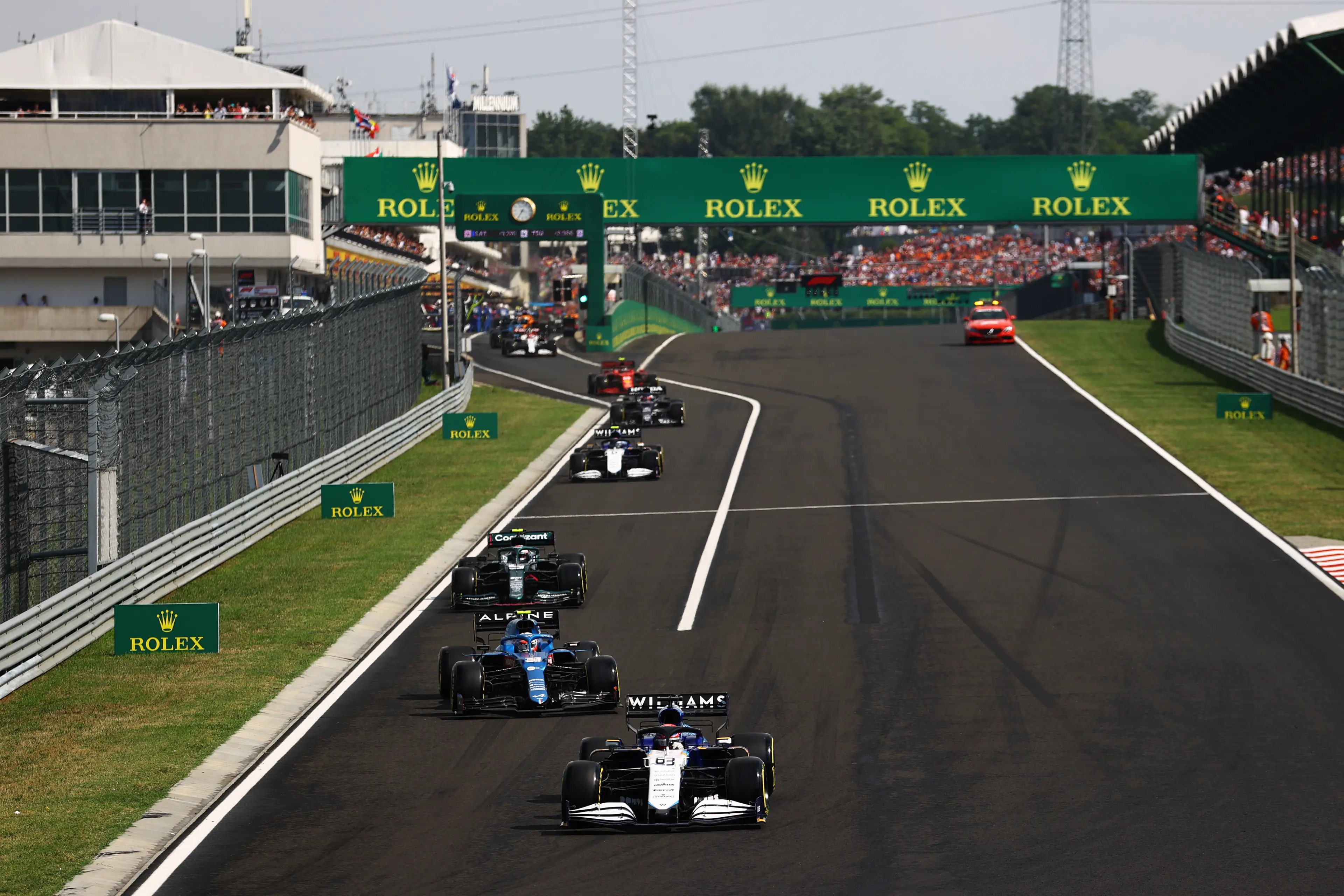 George Russell leading drivers out of the pitlane following the formation lap (credit: getty)