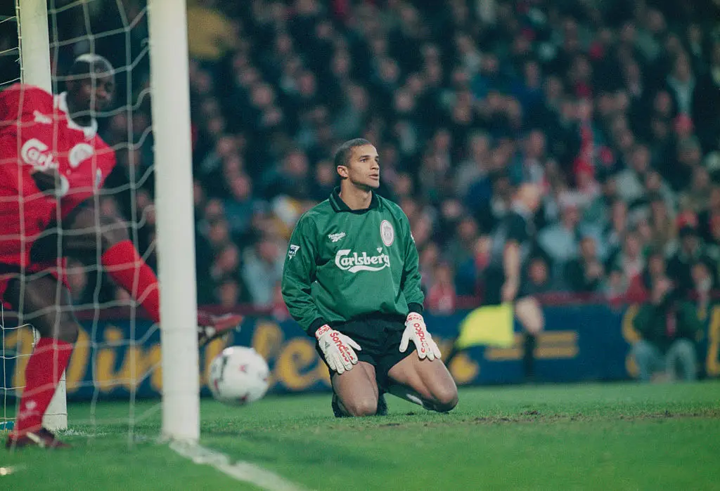 David James in action for Liverpool in 1997 -