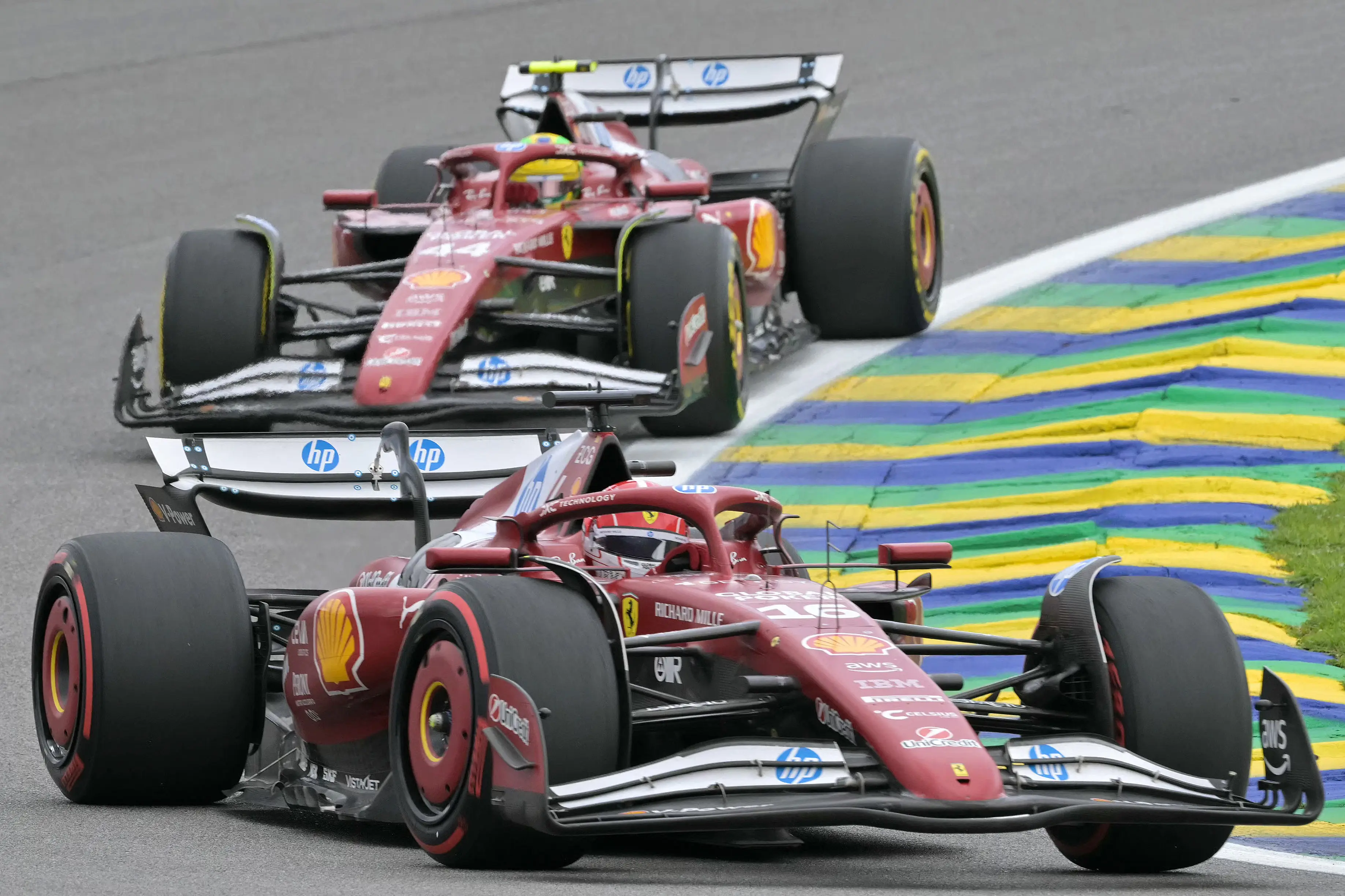 Charles Leclerc and Lewis Hamilton in action for Ferrari in Brazil (credit: getty)