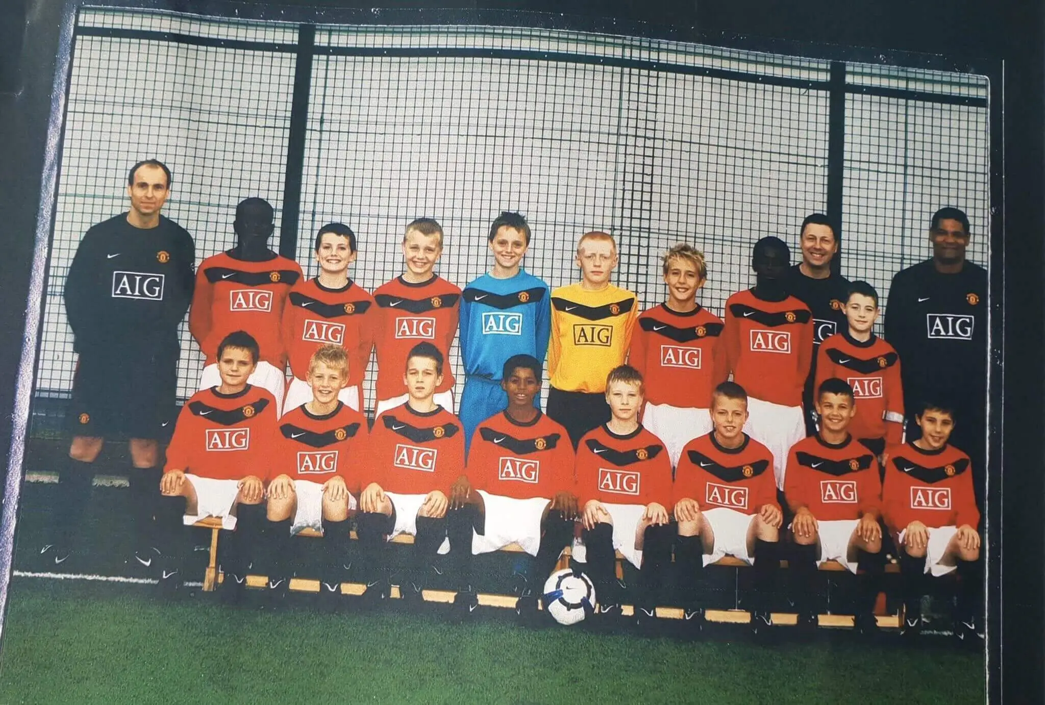 Rhain Davis (third bottom left) with his Manchester United academy teammates.