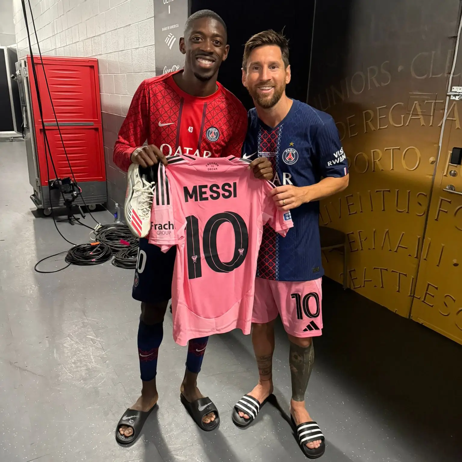 Lionel Messi gave his full kit to Ousmane Dembele after a reunion with PSG. Image: X/@dembouz