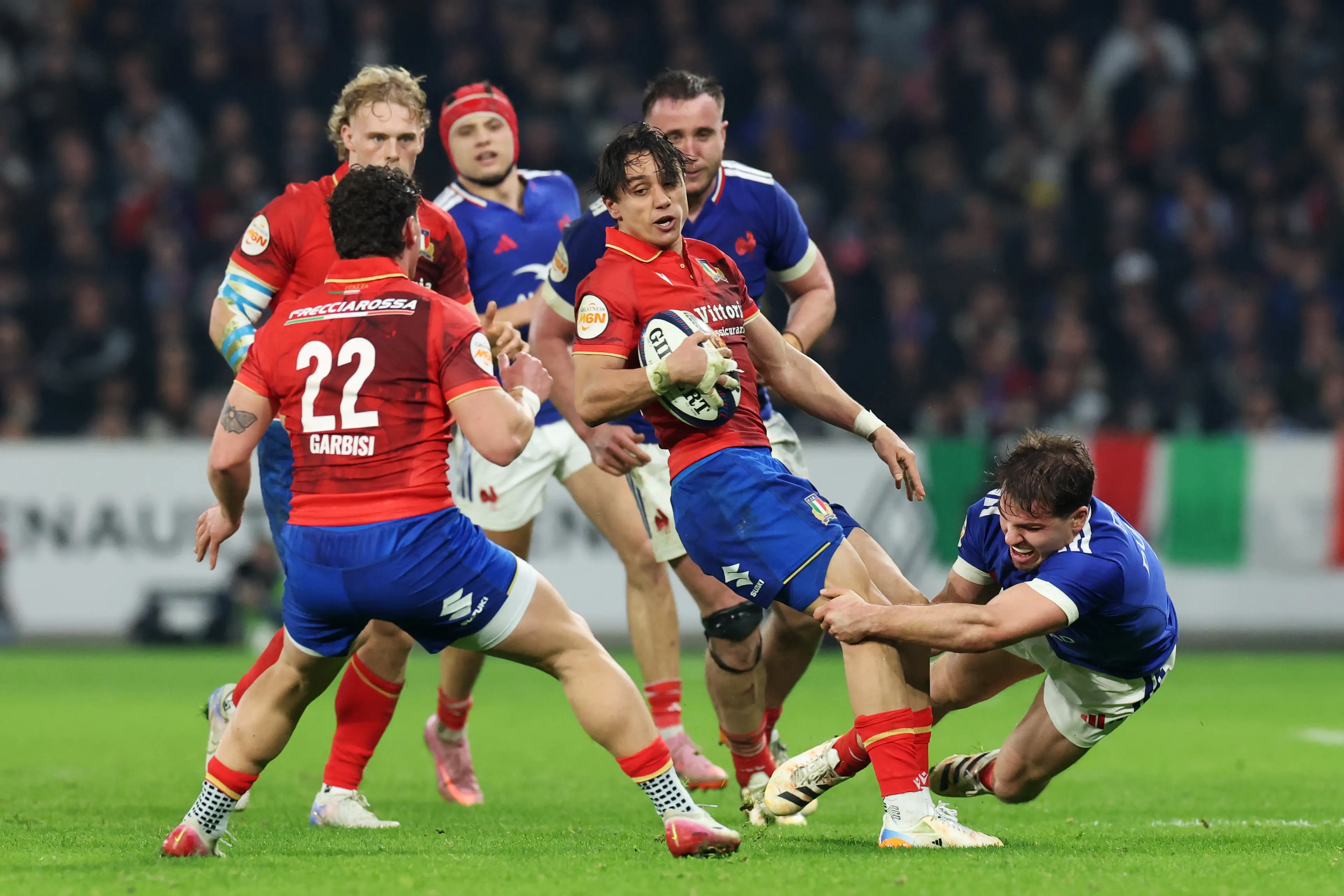 Ange Capuozzo of Italy is tackled by Antoine Dupont of France during the Guinness Six Nations 2026 match between France and Italy (Getty Images)