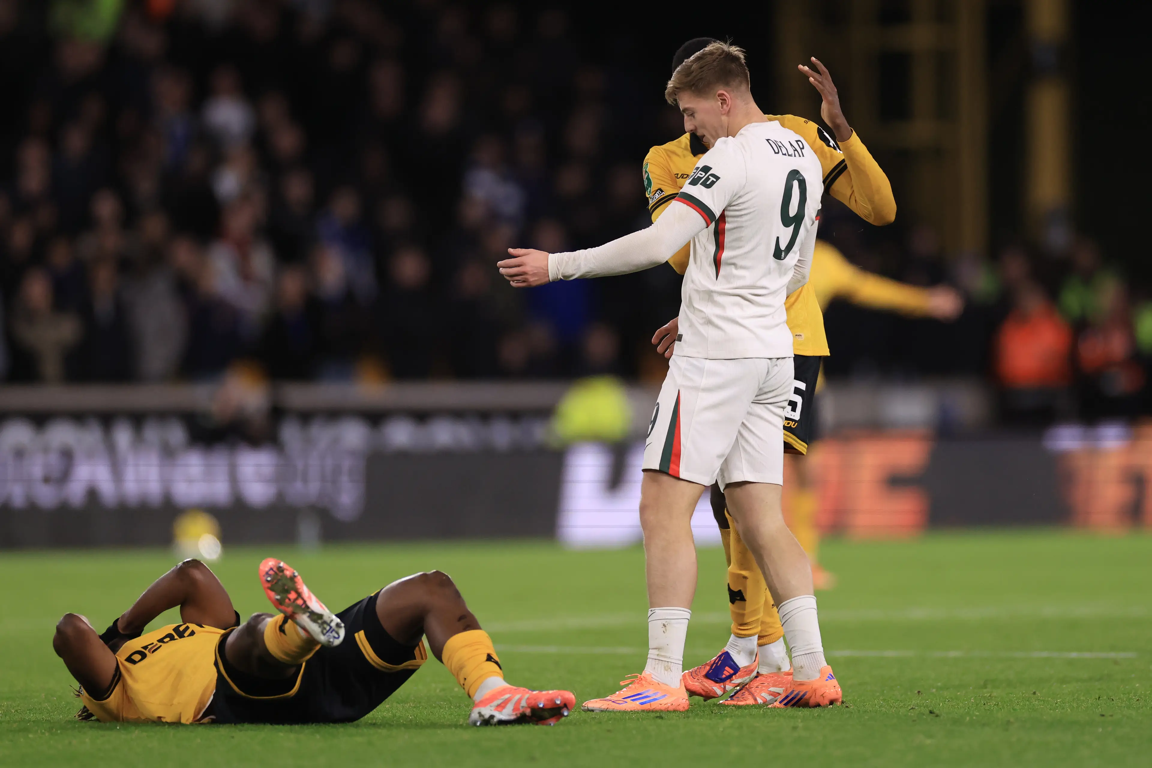 Liam Delap picked up two yellow cards in the space of 25 minutes against Wolves. Image: Getty 