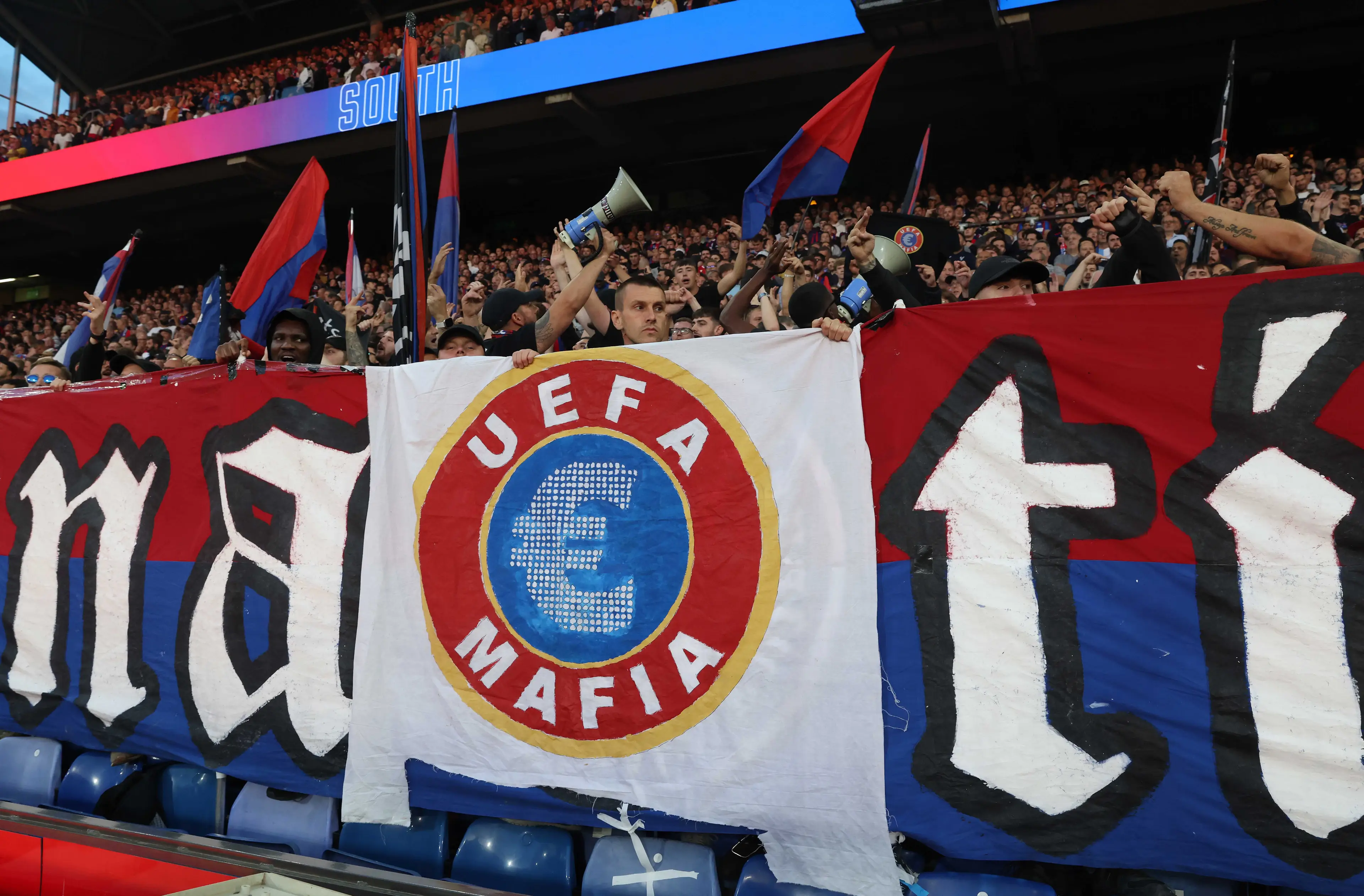 Crystal Palace have been fined for their 'UEFA MAFIA' banner. Image: Getty 