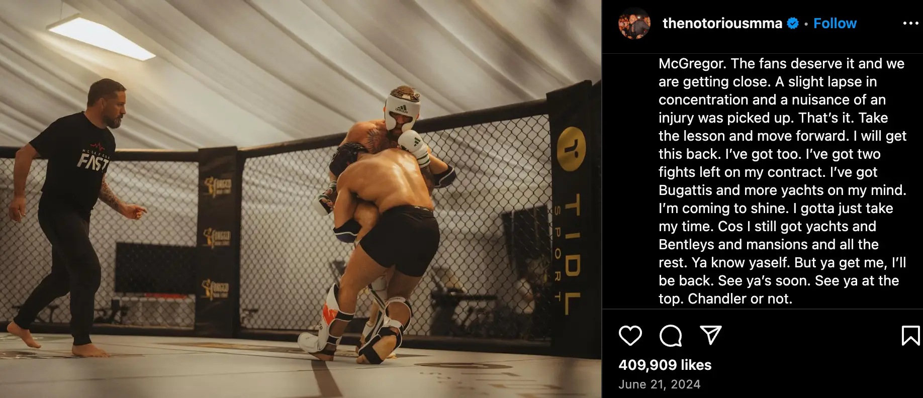 McGregor's statement on his June 2024 injury (Image: Instagram/@TheNotoriousMMA)
