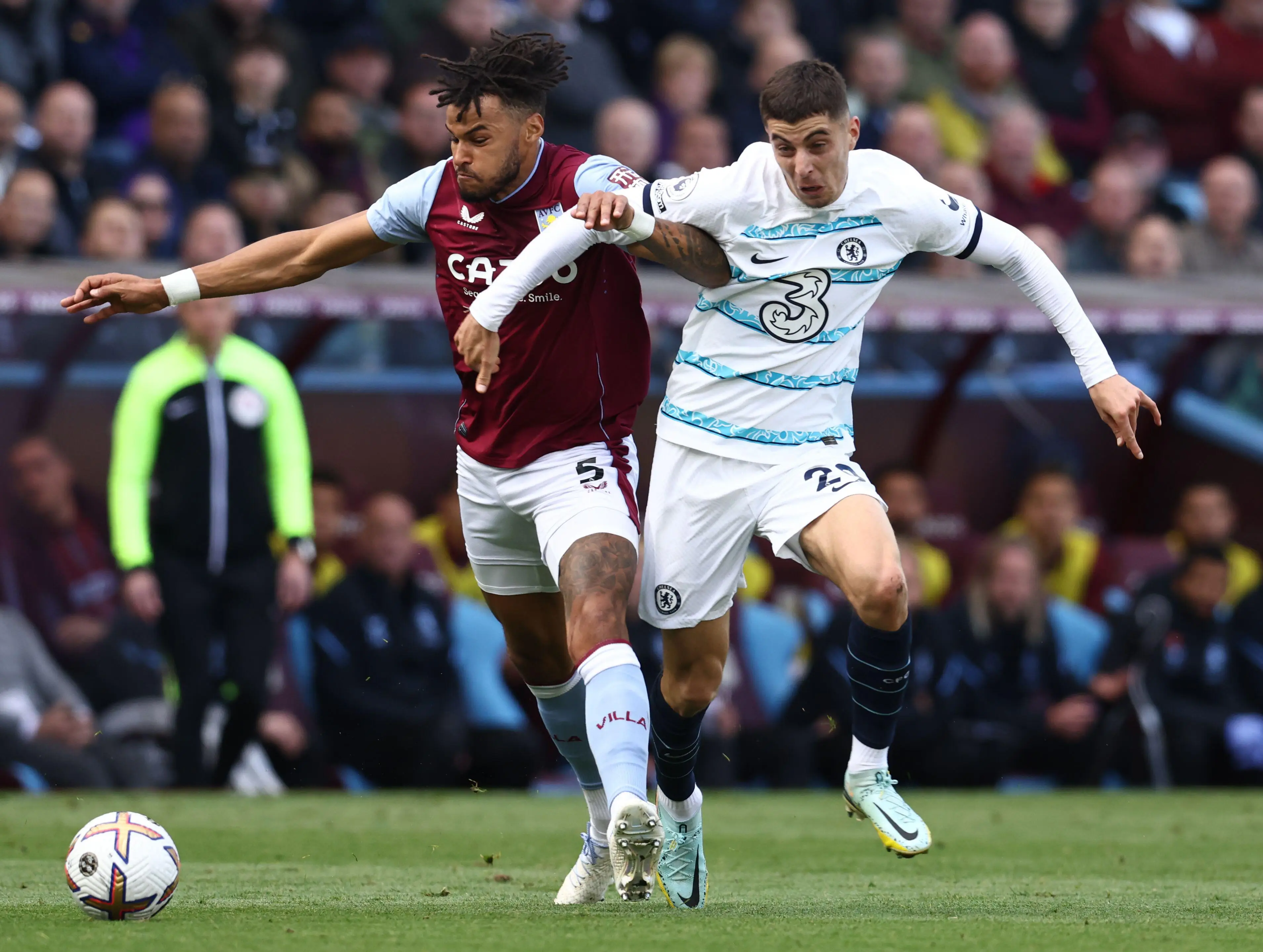 Tyrone Mings of Aston Villa tussles with Kai Havertz of Chelsea during the Premier League match at Villa Park. (Alamy)