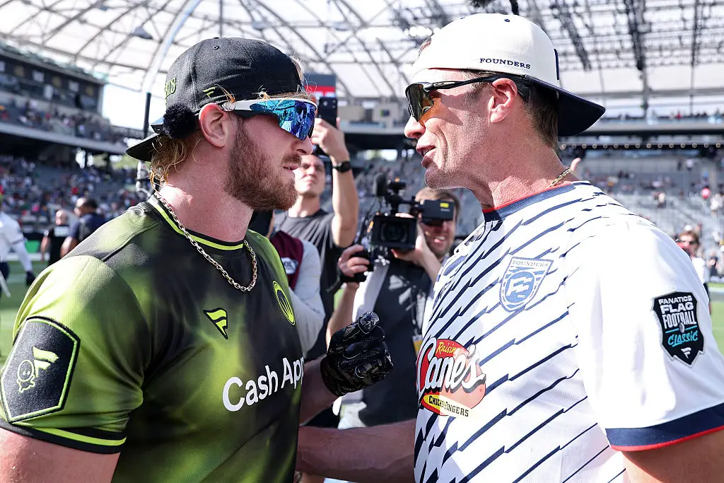 Tom Brady and Logan Paul have been publicly feuding ahead of WrestleMania. (Image: Kevin C. Cox/Getty Images for OBB Media - FANATICS STUDIOS)