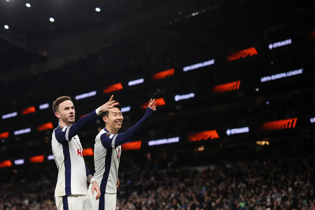 Son Heung-min celebrated with James Maddison as Spurs doubled their lead in the Europa League match against AZ Alkmaar. (Image: Getty)