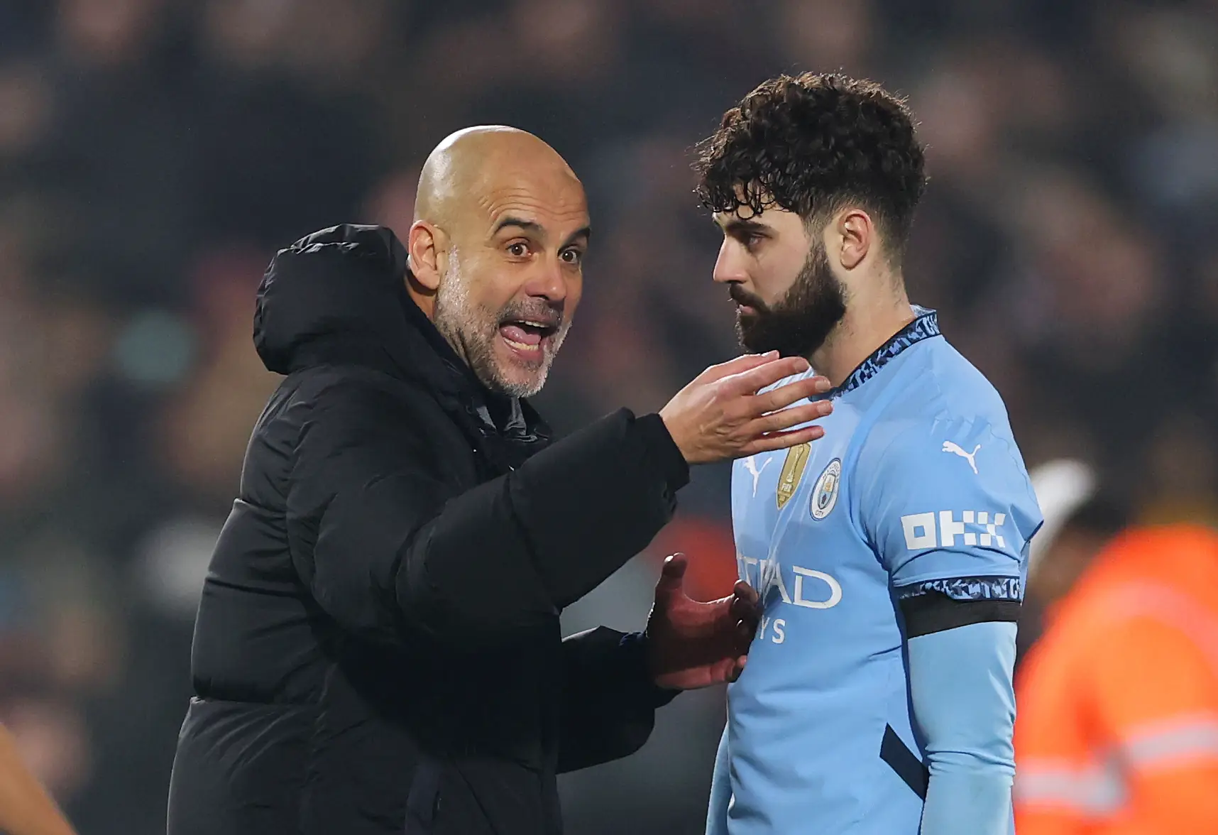 Pep Guardiola is involved in a heated discussion with Josko Gvardiol. Image: Getty