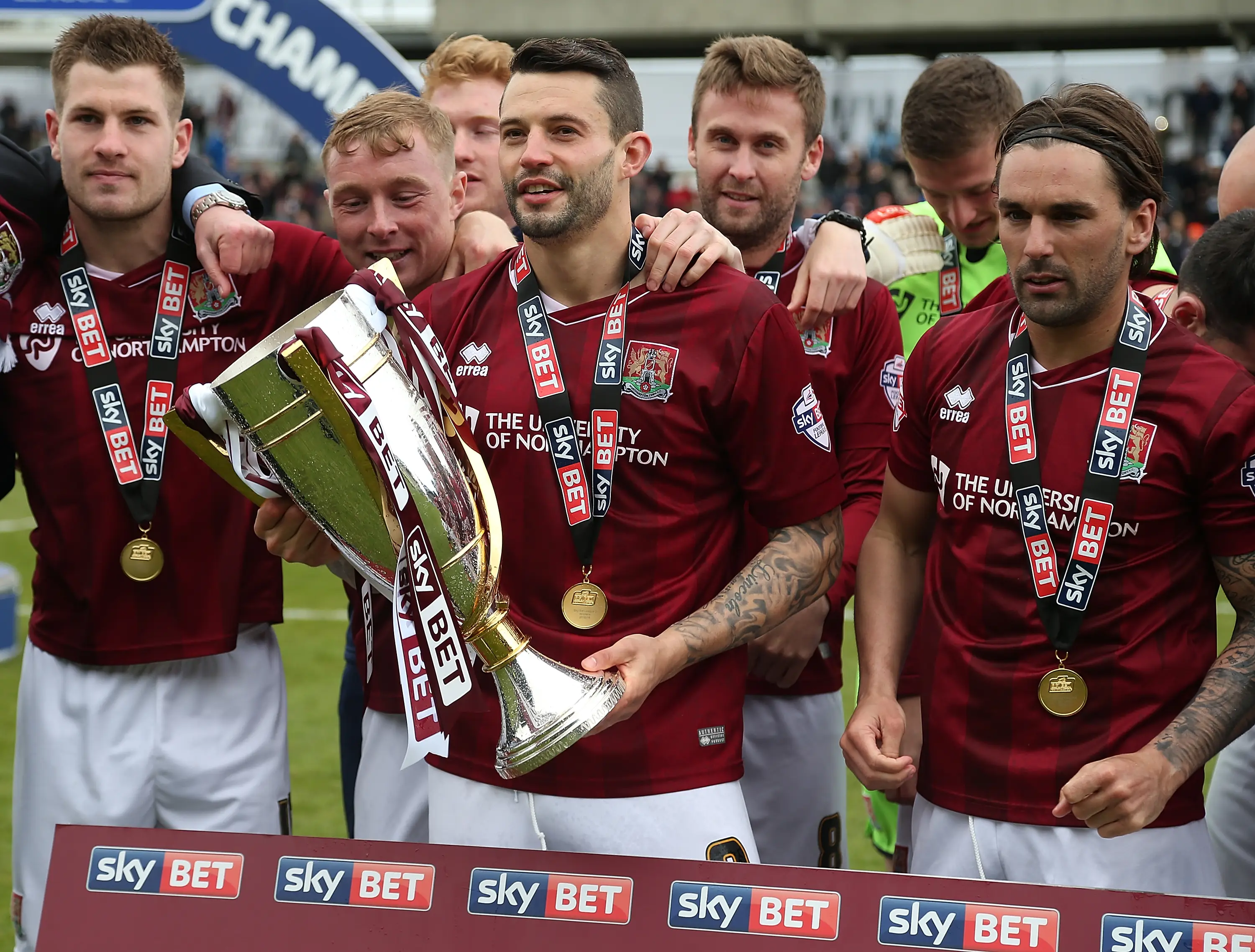 Northampton Town celebrate winning the League Two title. Image: Getty 