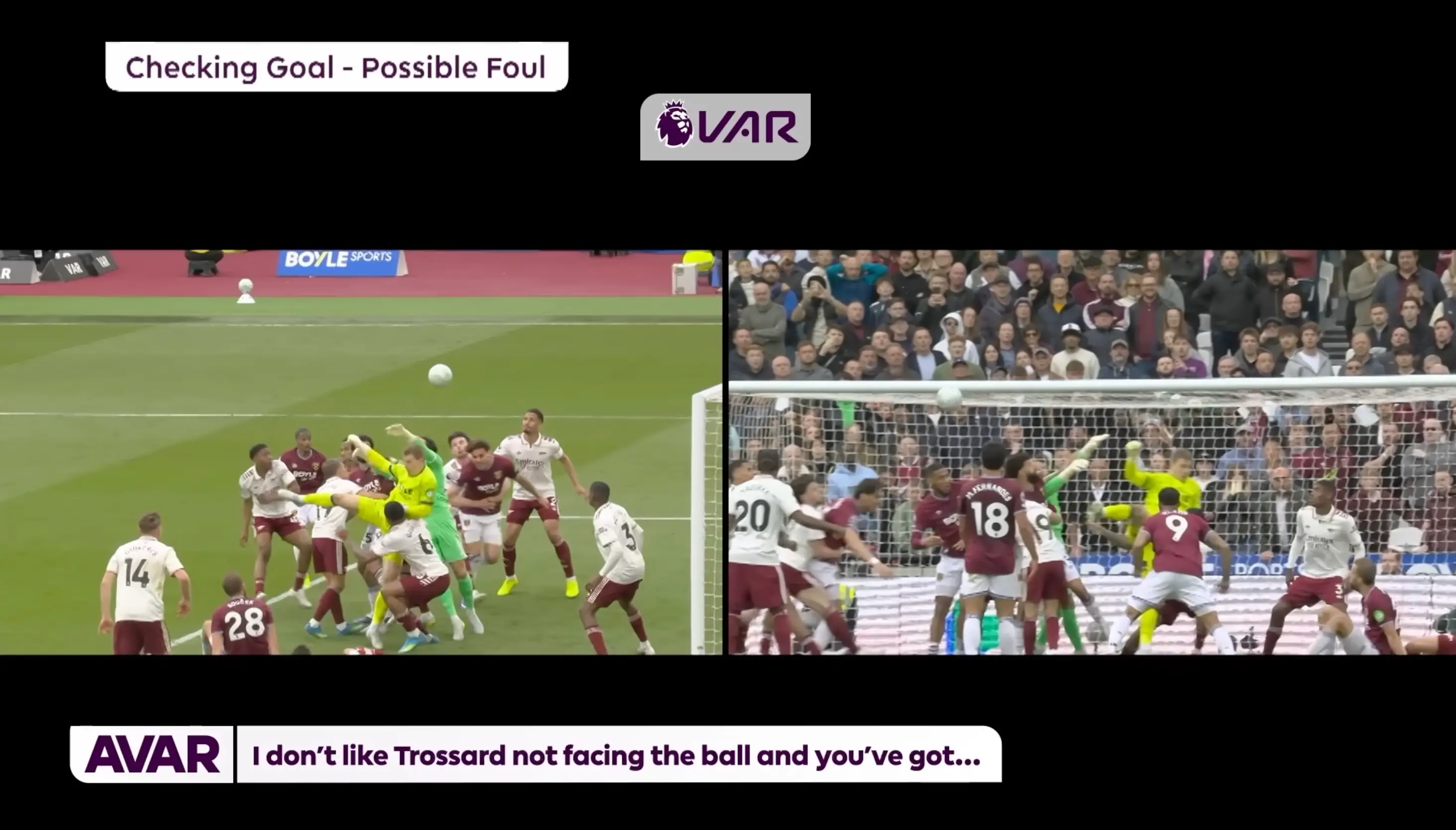 The VAR audio from West Ham’s equaliser against Arsenal has emerged. Image credit: Sky Sports
