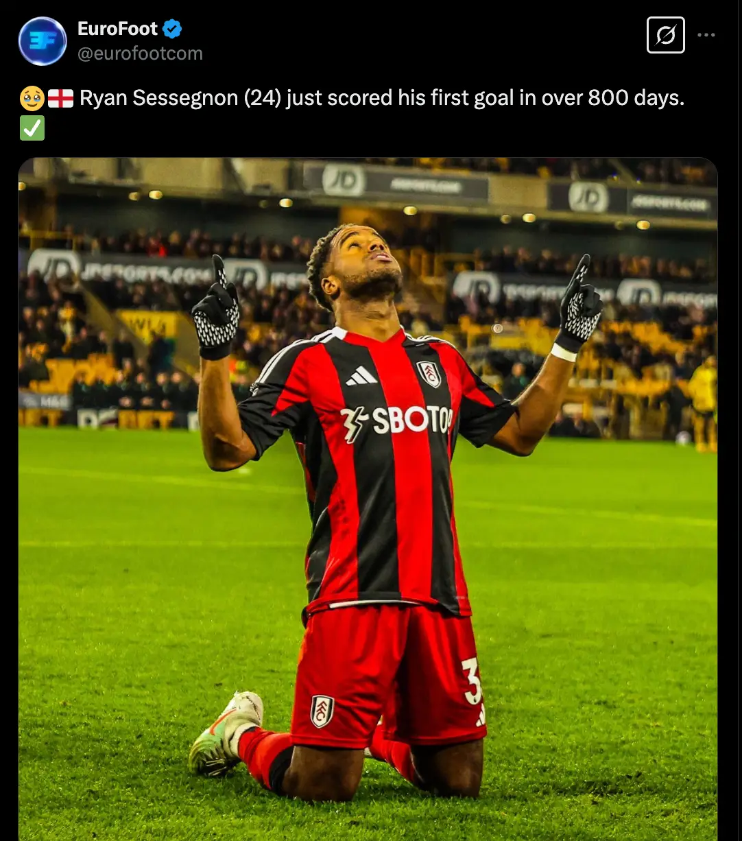 Fulham defender Ryan Sessegnon scored in his side's 2-0 win over former club Spurs on Sunday (Image: Twitter)