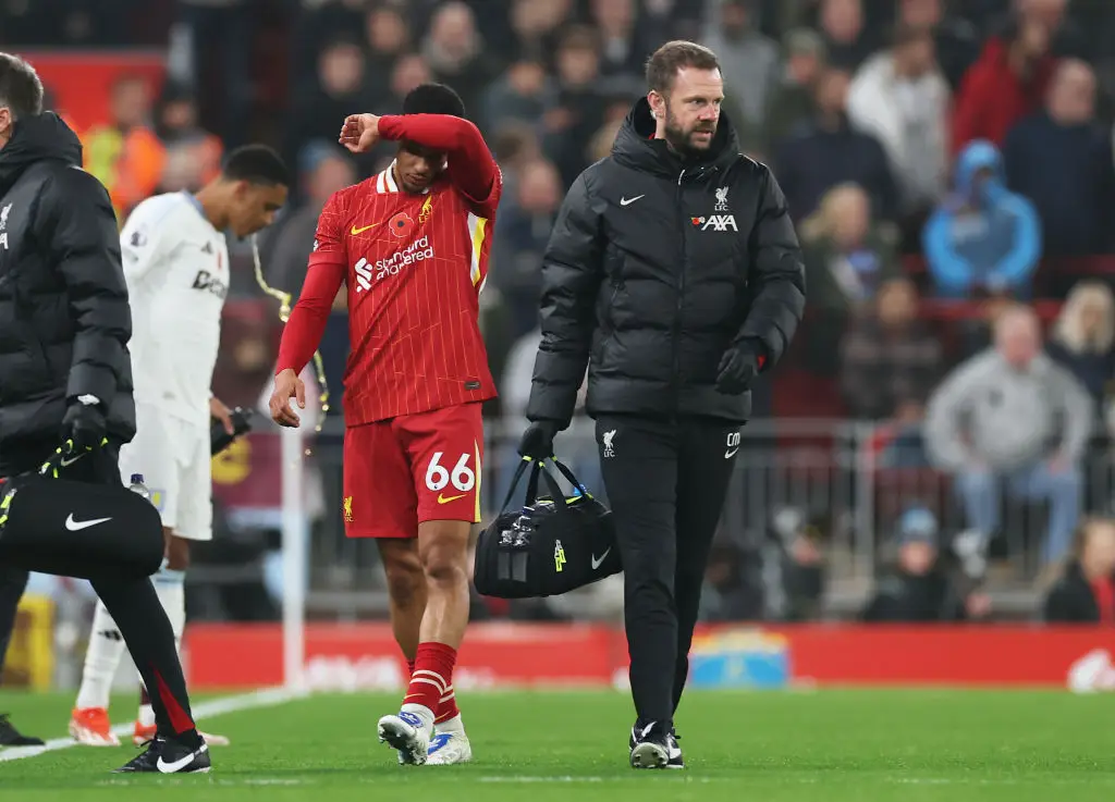 Trent Alexander-Arnold was replaced in the 25th minute after suffering a hamstring injury. (Image: Getty)