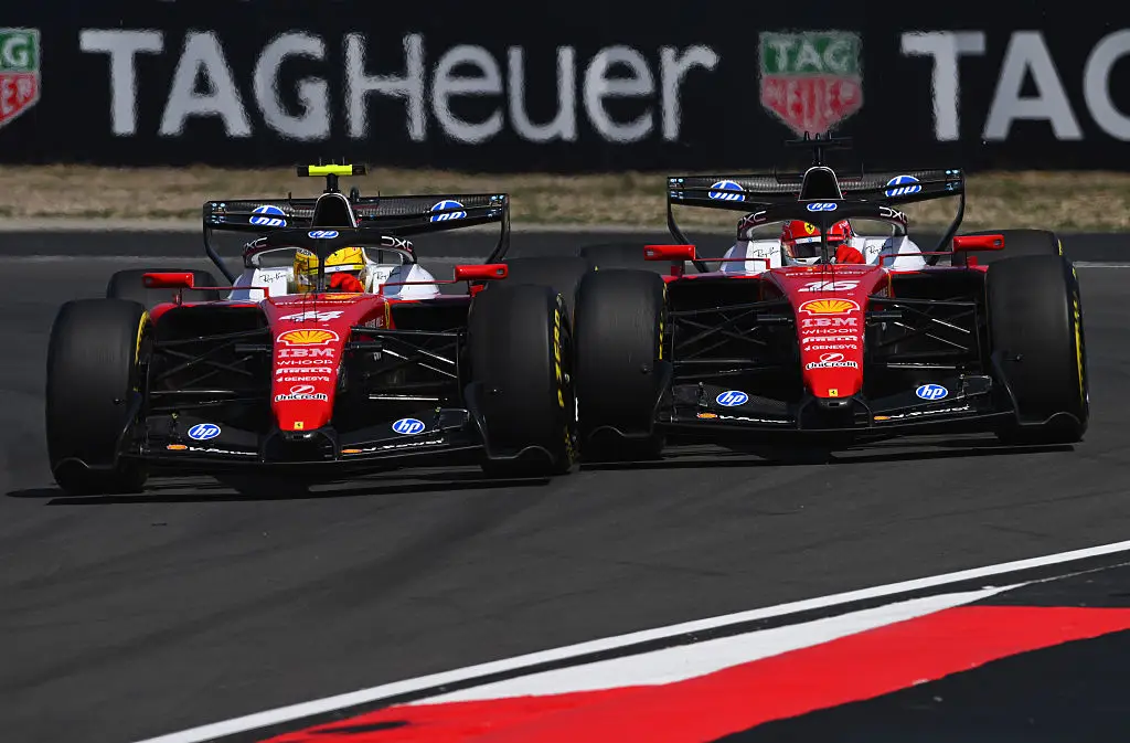 Lewis Hamilton and Charles Leclerc made contact as they battled in Shanghai. (Image: Rudy Carezzevoli/Getty Images)
