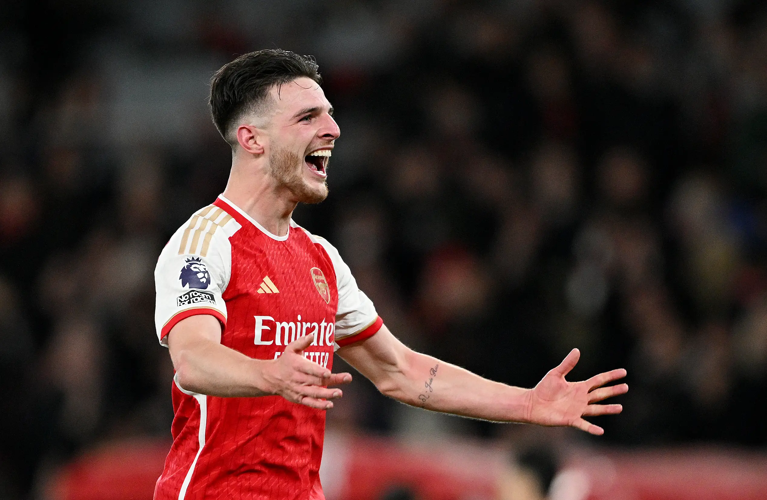 Declan Rice celebrates Arsenal's victory over Liverpool. Image: Getty