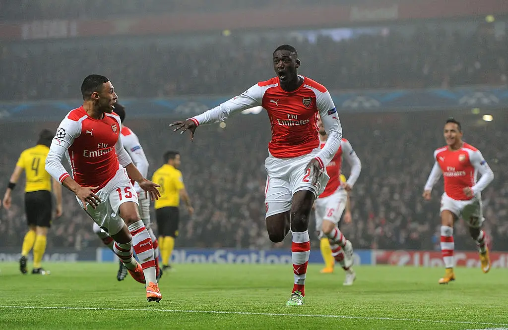 Yaya Sanogo scores for Arsenal against Borussia Dortmund (Image: Getty)